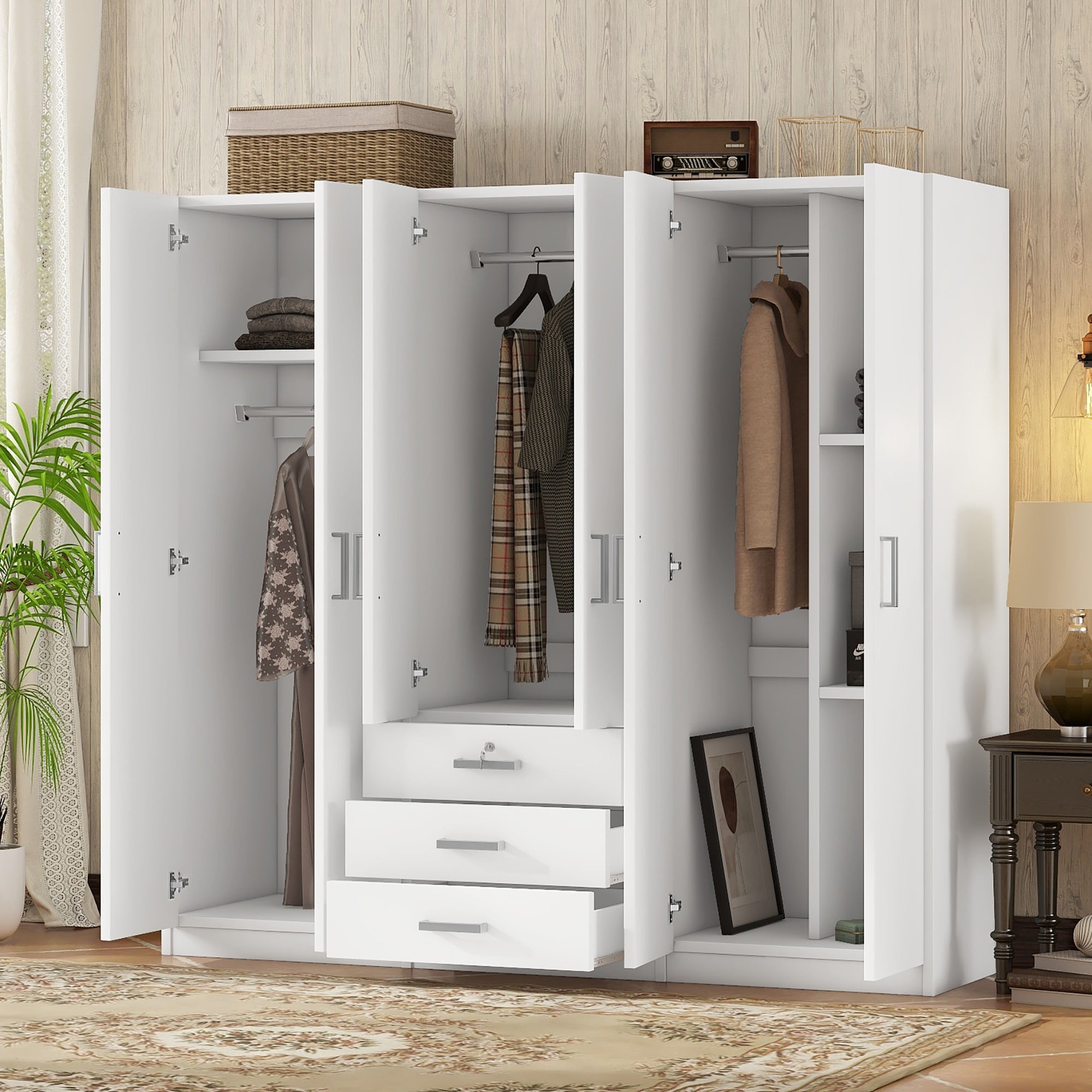 6-Doors Wooden Wardrobe Storage for Bedroom with Big Drawers In White