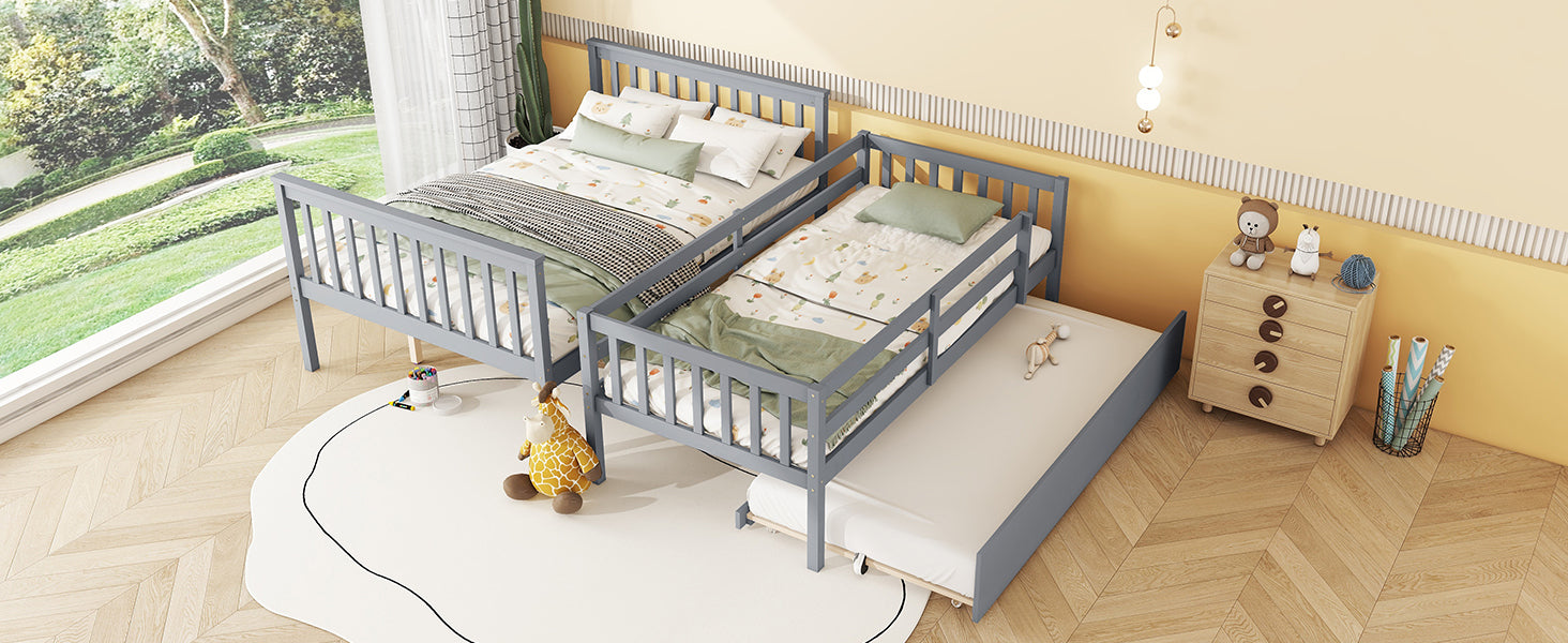 Convertible Gray Twin Over Full Rubber Wood Bunk Bed with Trundle