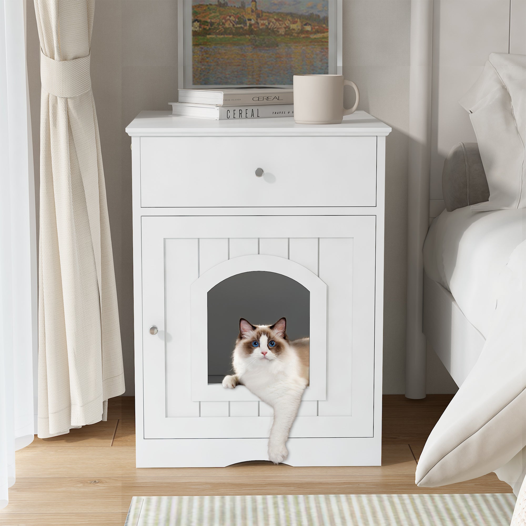 Wooden Pet House Cat Litter Box Enclosure with Drawer Indoor Pet Crate Nightstand In White