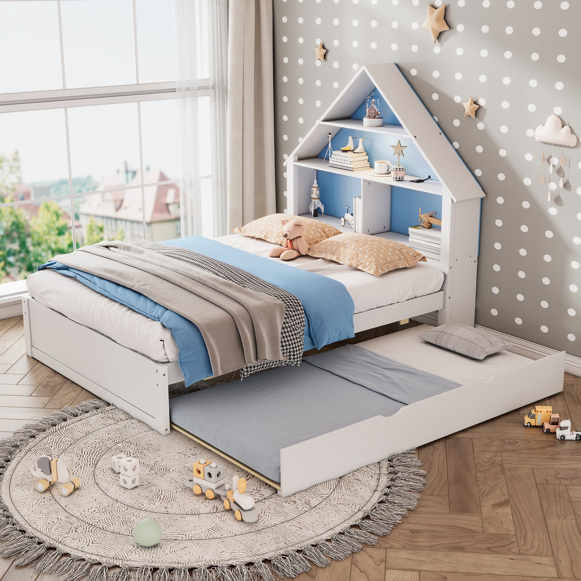 White & Blue Full House-Shaped Bed Frame with Trundle, Shelves, and LED Nightlight