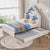 White & Blue Full House-Shaped Bed Frame with Trundle, Shelves, and LED Nightlight