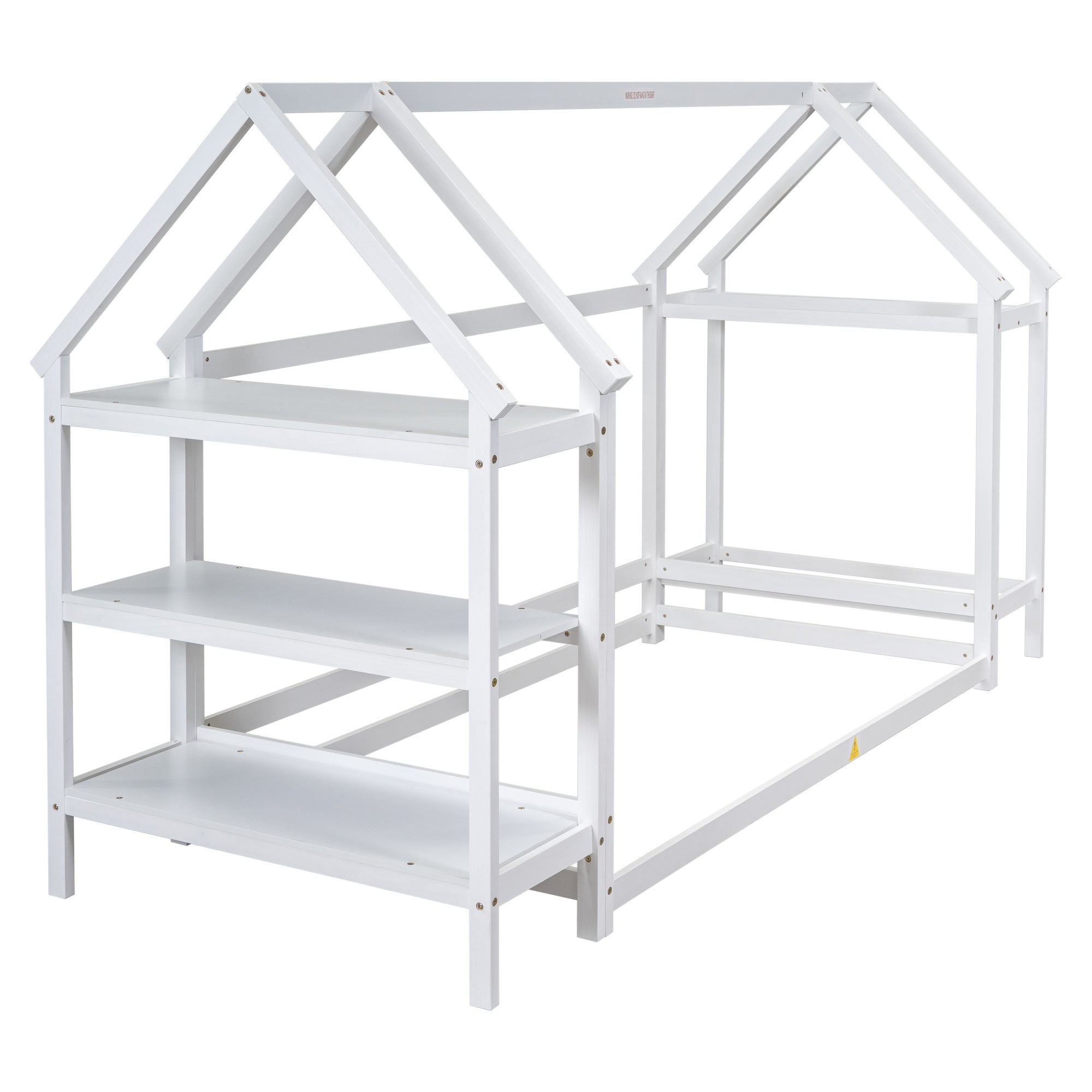 Twin Size Wood House-Shaped Floor Bed with Storage Shelf and Hanger in White