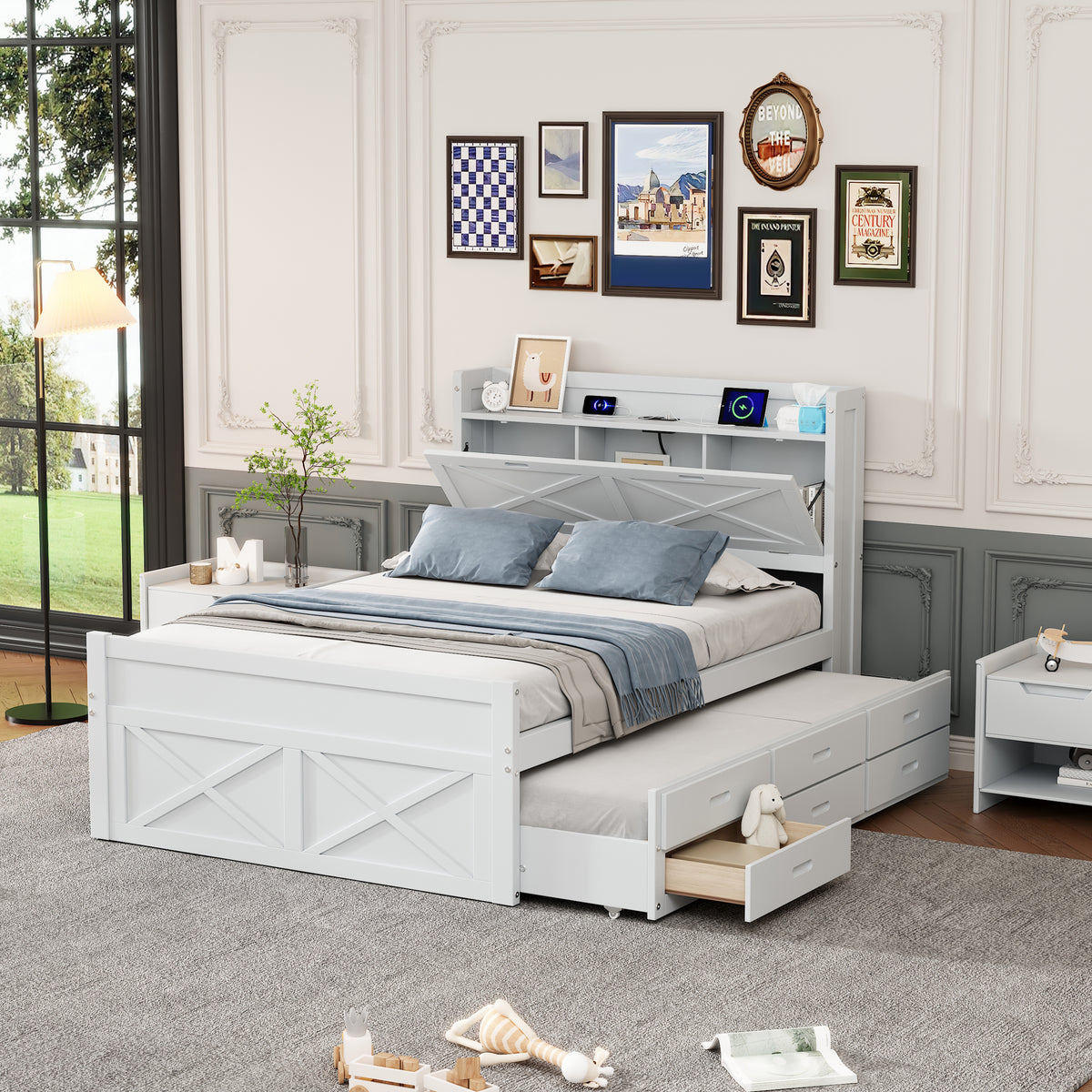 Full Size Wooden Bed with Storage Headboard and Outlets Extendable Bed with Twin Trundle and Three Drawers In White