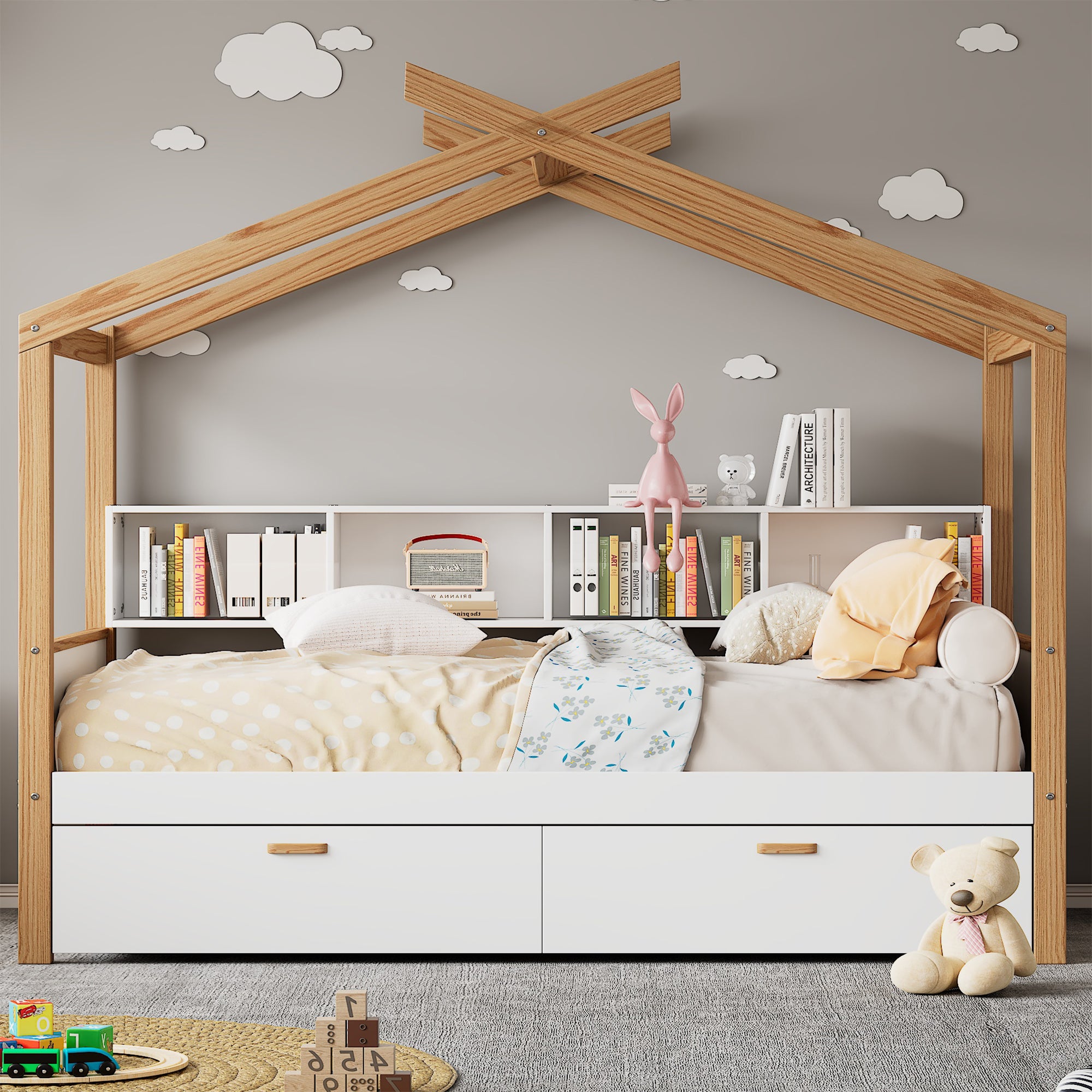 Full-Size House Bed with Storage Drawers and Bookshelves