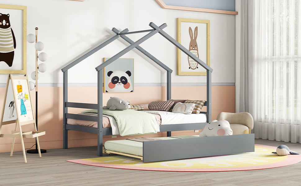 Gray Twin House-Shaped Bed with Pull-Out Trundle