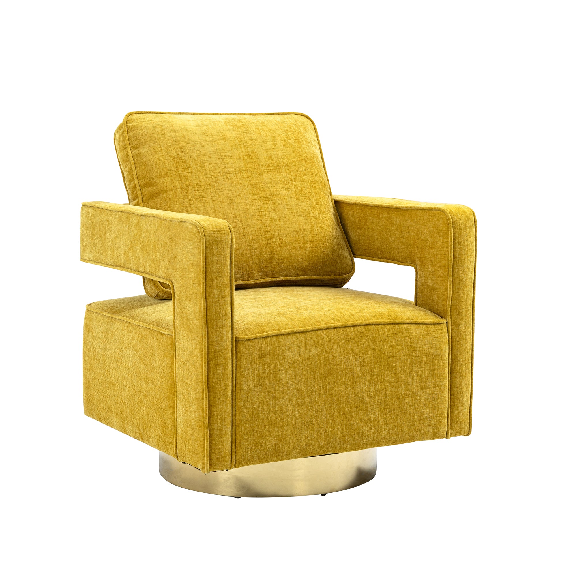 Open Back Mustard Chenille Swivel Accent Chair With Gold Stainless Steel Base