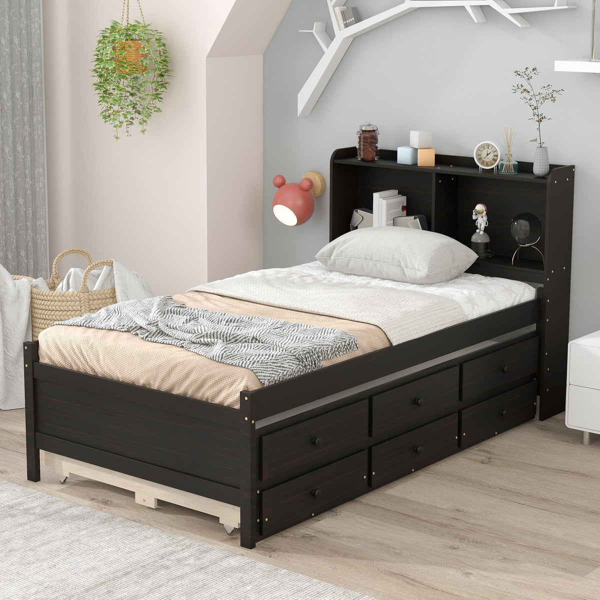 Twin Size Bed with Storage Integrated Headboard, Trundle &amp; Drawers in Espresso