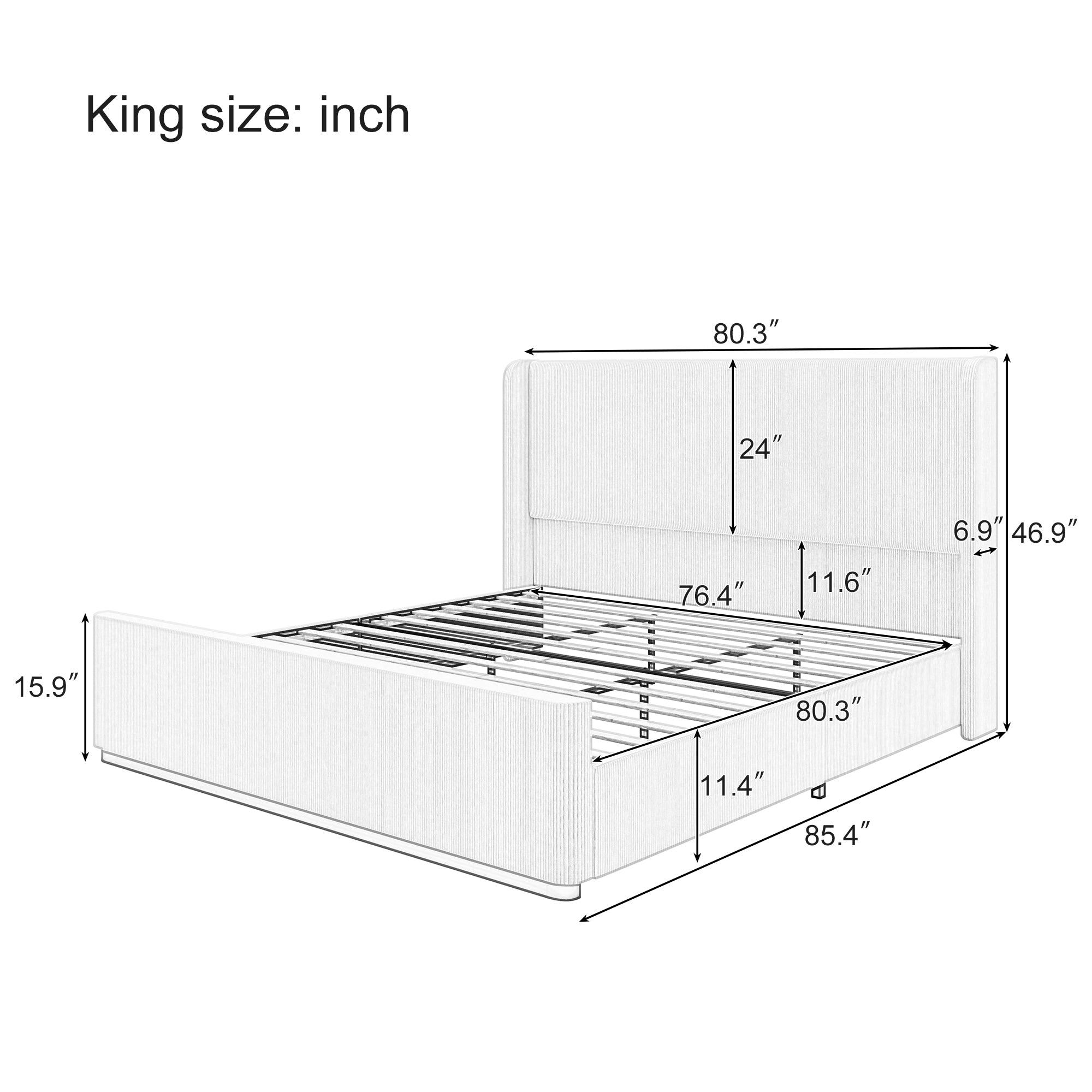 King Sized Upholstered Corduroy Bed in Light Gray