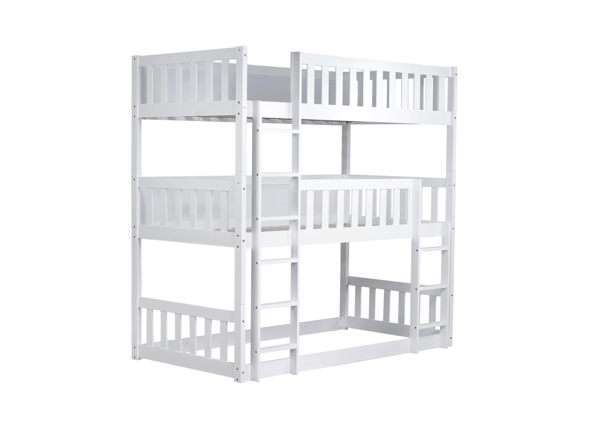 Detachable Twin Size Triple Bunk Bed with Ladders and Guardrails in White