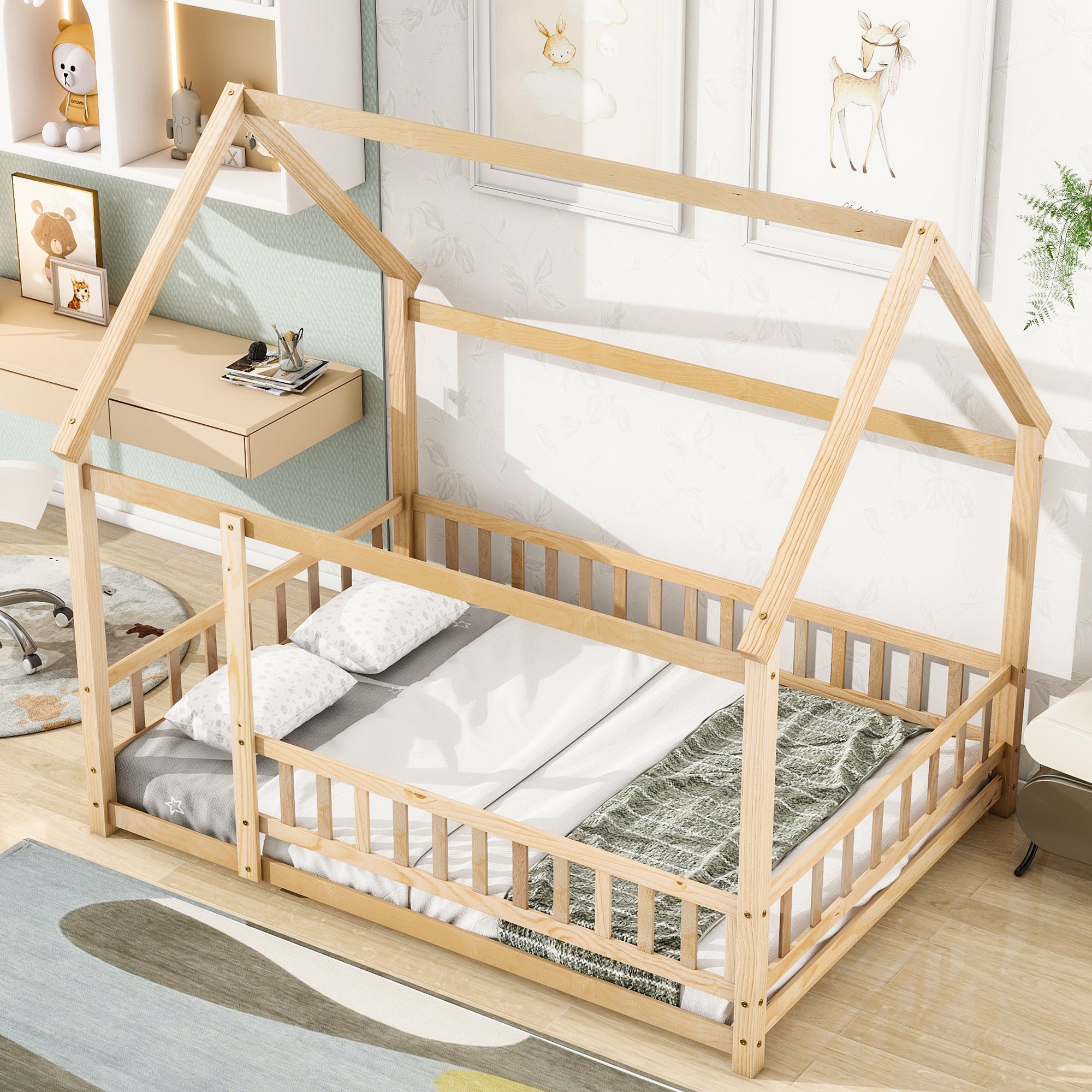 Natural Full Size Floor Wooden Toddler Floor Bed with House Roof Frame and Fence Guardrails