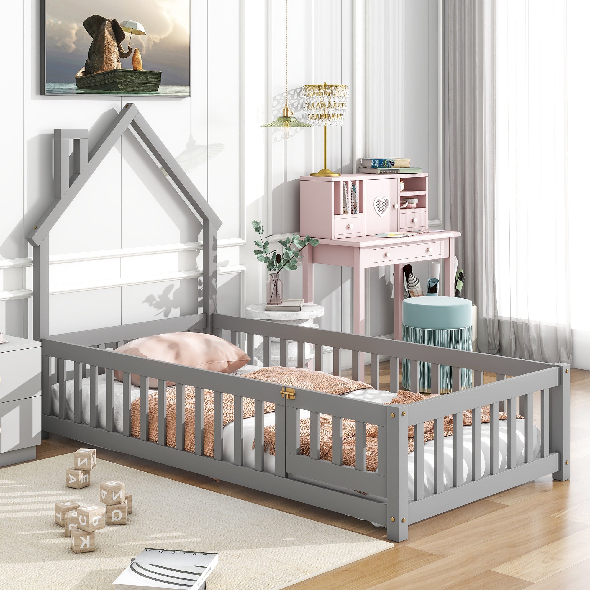 Gray Twin House-Shaped Headboard Floor Bed with Fence