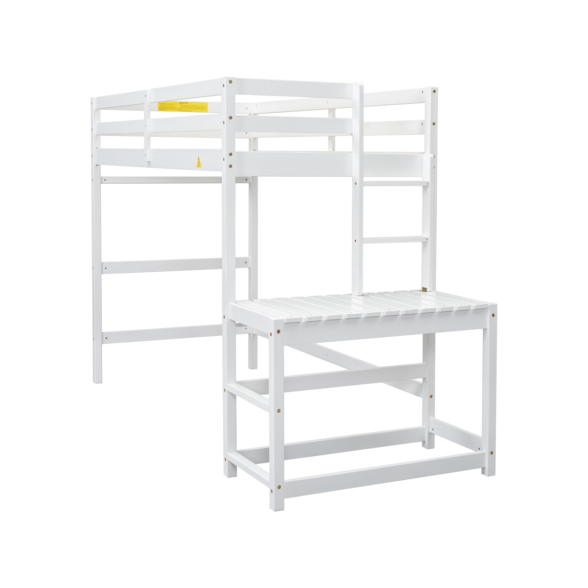 White Twin High Loft Bed with Ladder Landing Platform, Ladders, and Guardrails