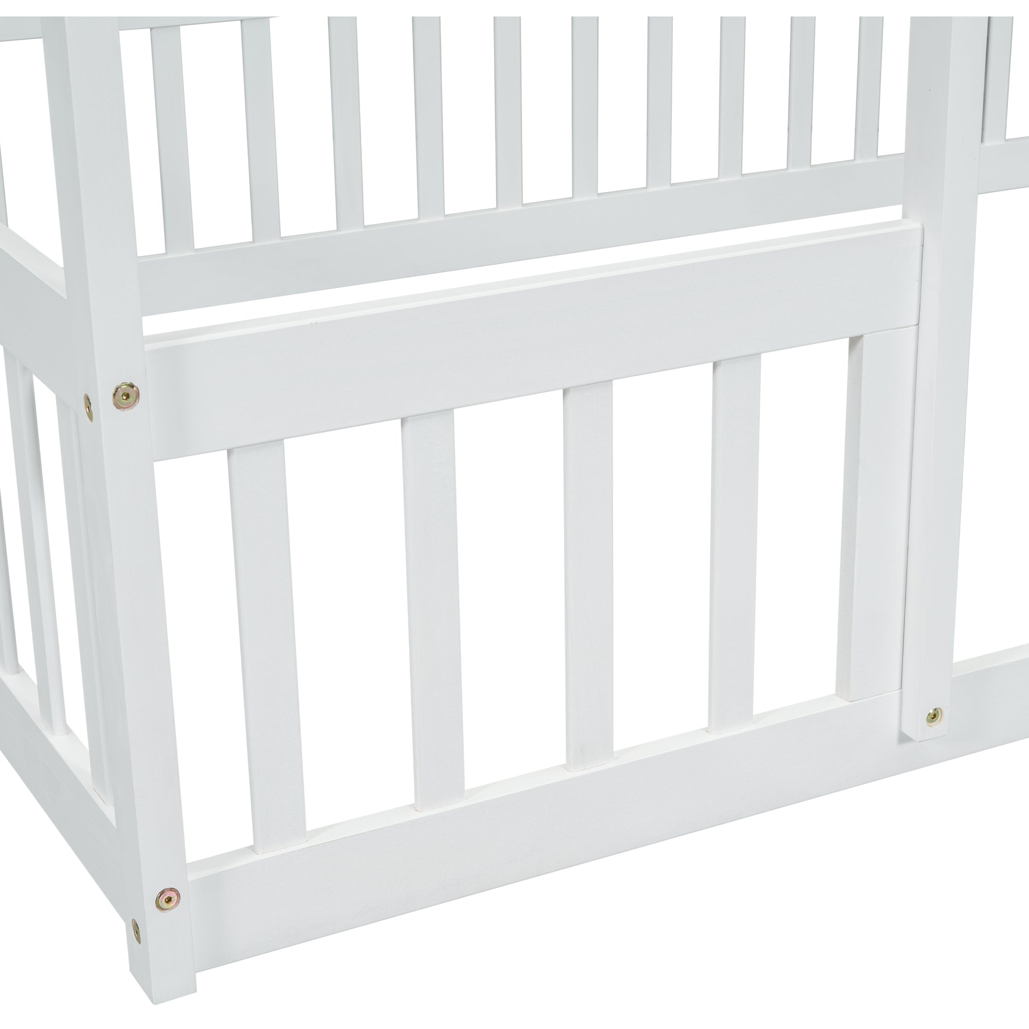 White Full Wood House-Shaped Toddler Floor Bed with Fence and Guardrails