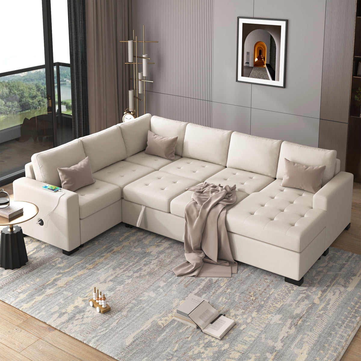 Sectional Sleeper Sofa with Pull-out Bed and USB Type-C Interfaces In Beige