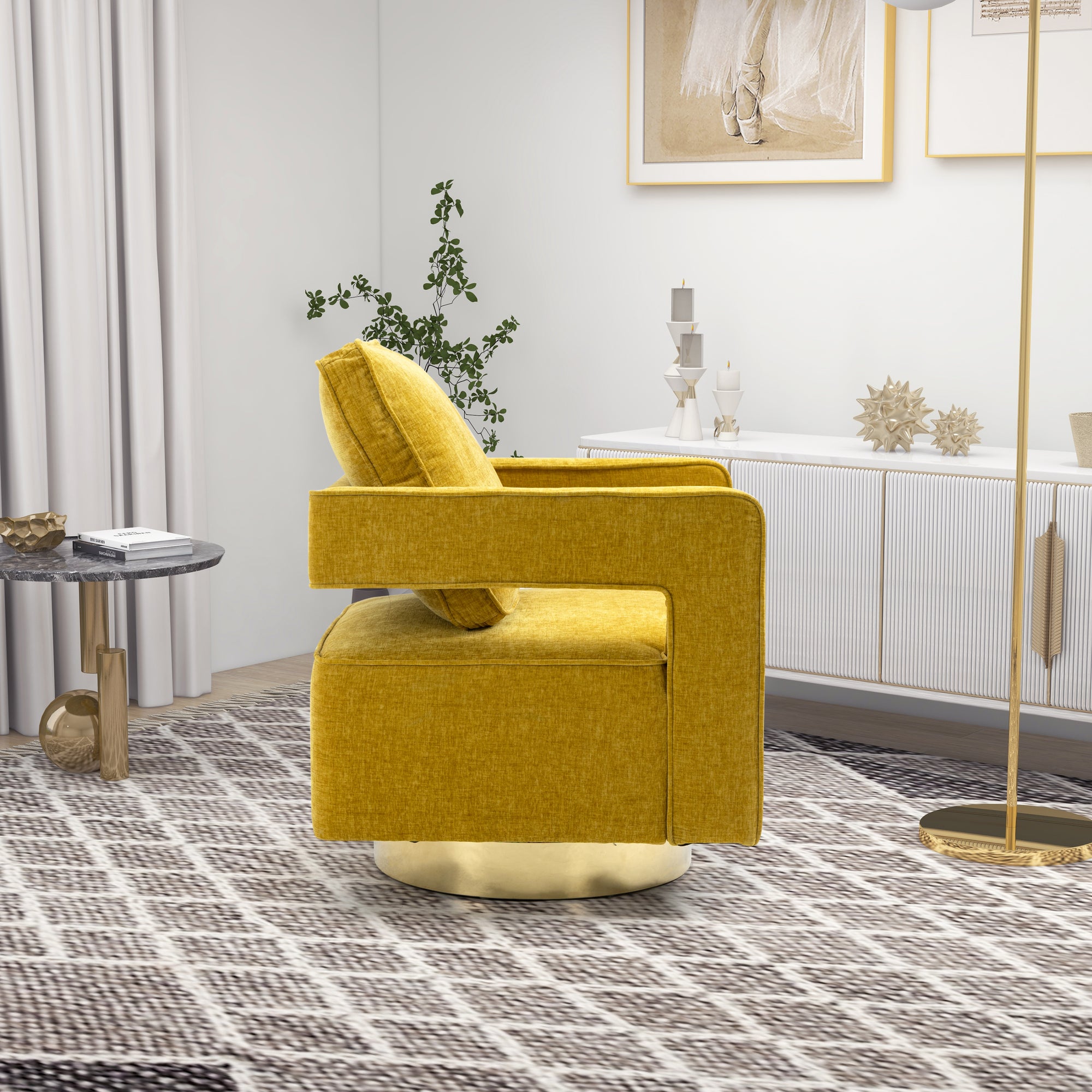 Open Back Mustard Chenille Swivel Accent Chair With Gold Stainless Steel Base