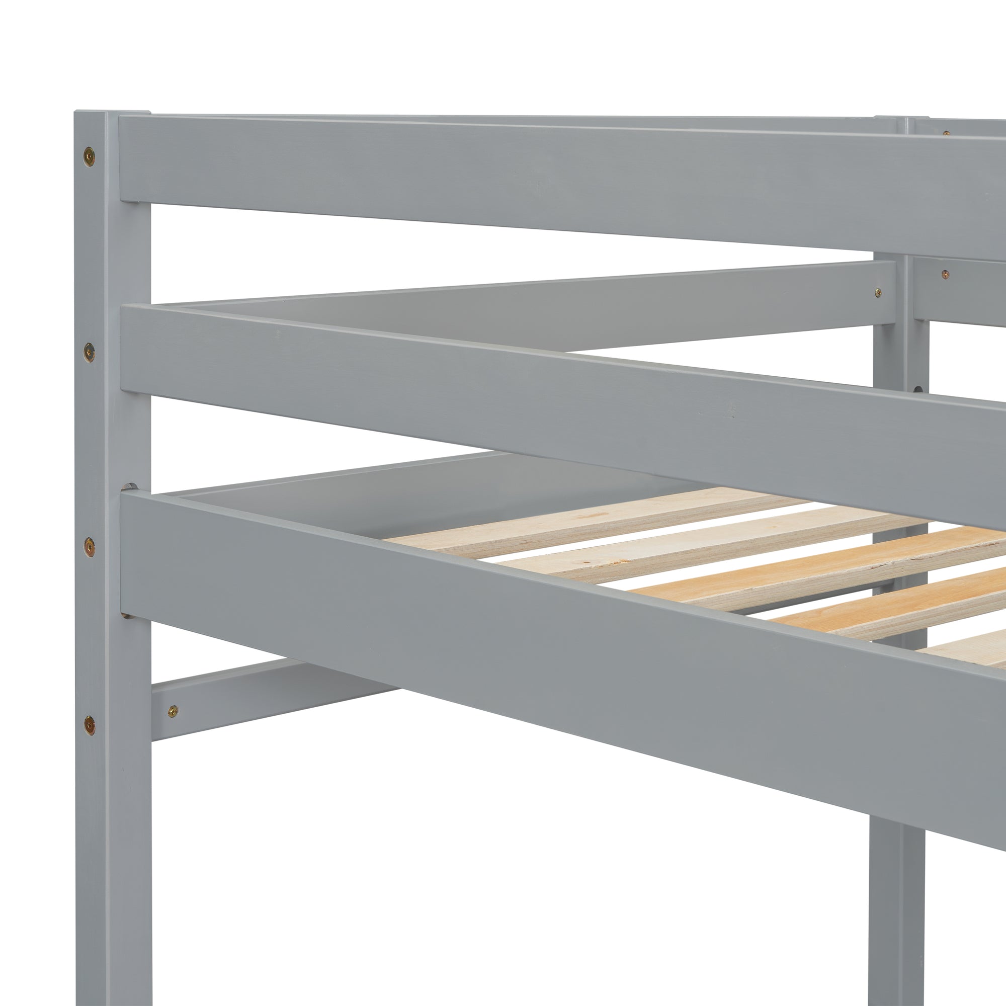 Gray Twin High Loft Bed with Ladder Landing Platform and Guardrails