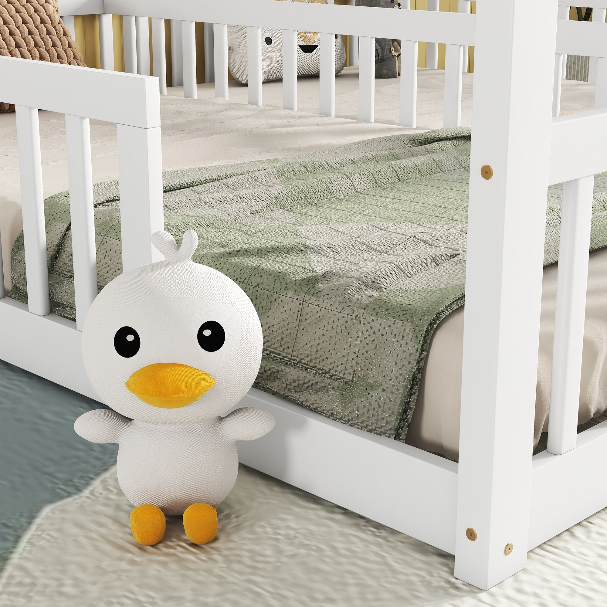 White Double Twin House-Style Toddler Floor Bed with Fence & Guardrails