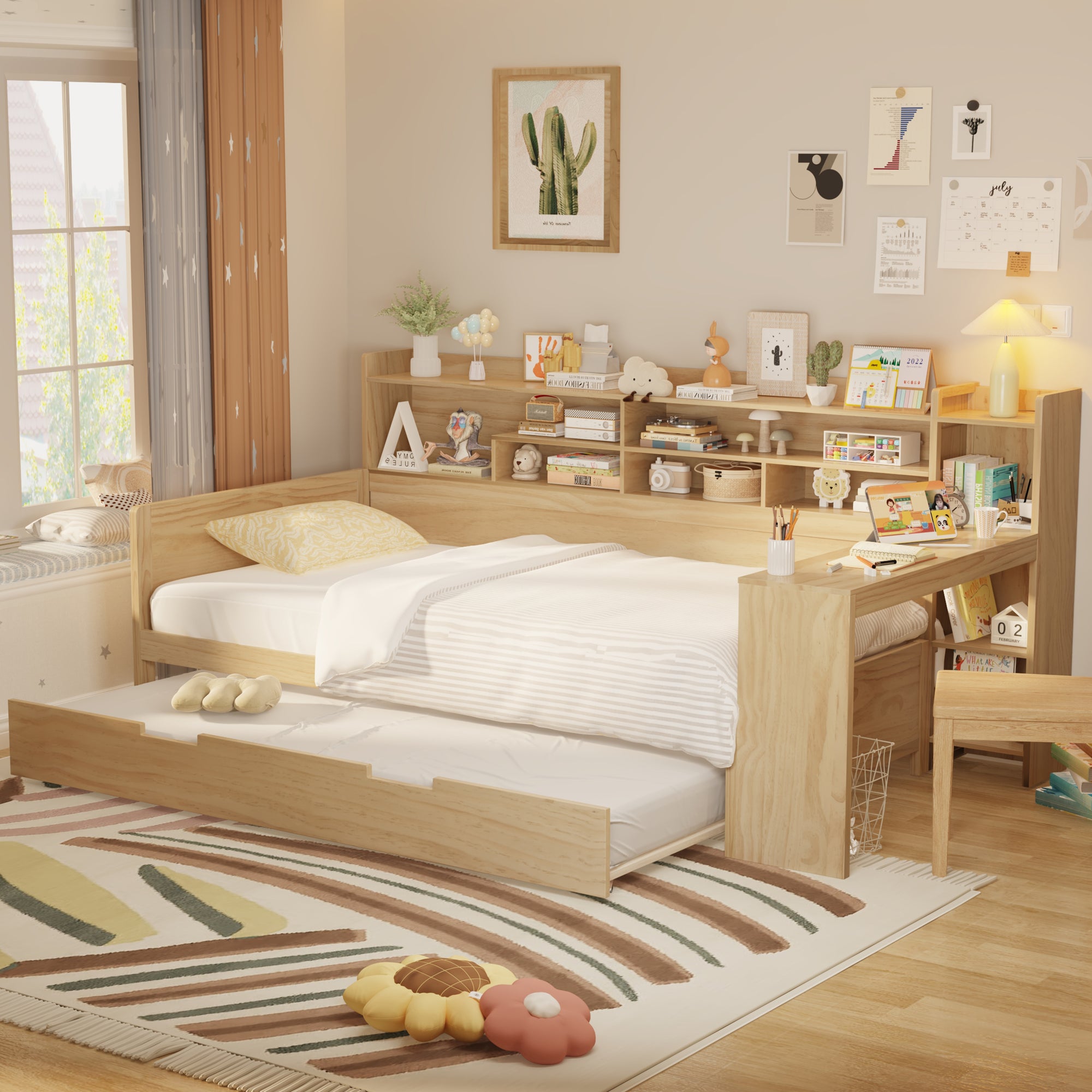 Wooden Twin Size Daybed with Storage Shelves and Study Desk In Natural