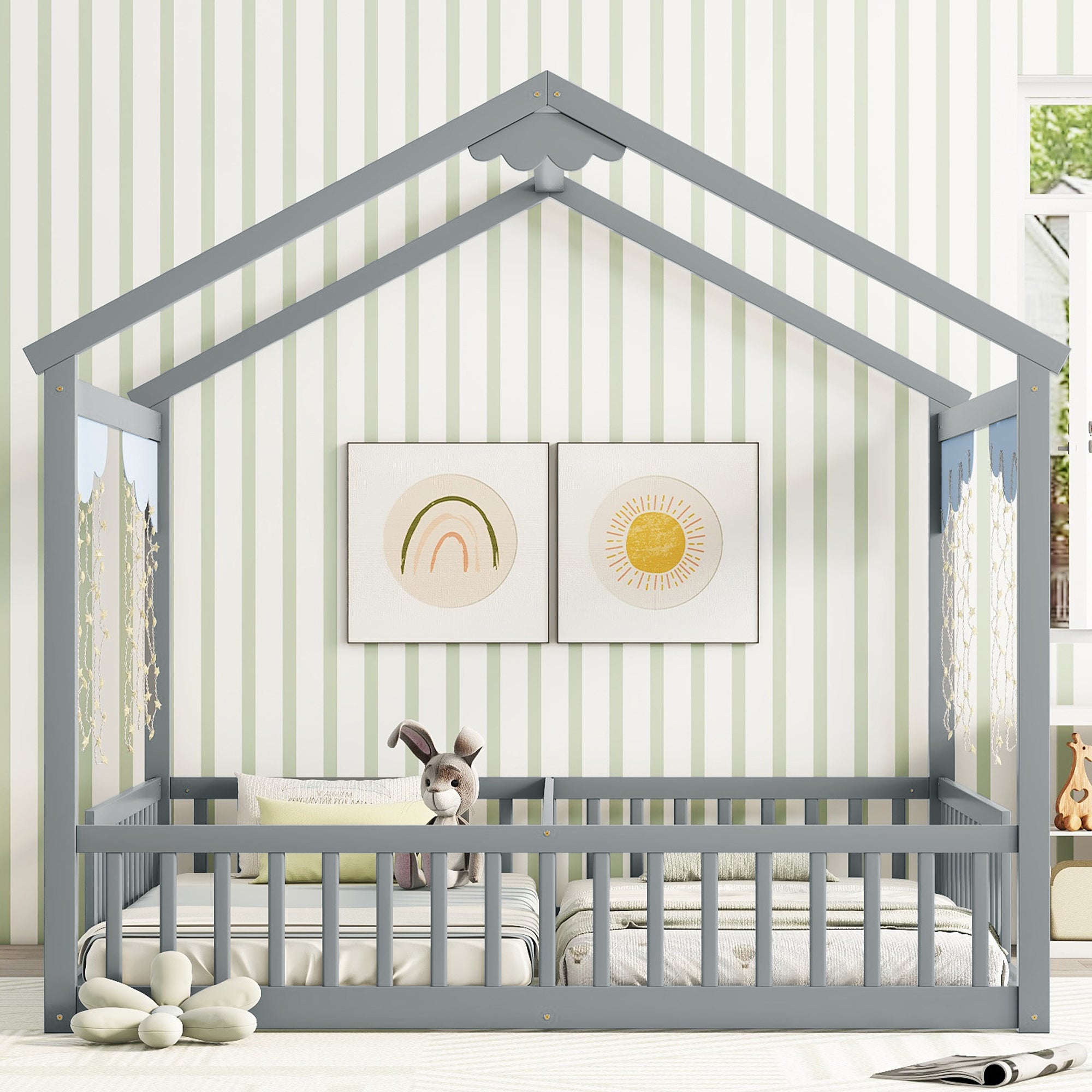 Gray Double Twin House-Style Toddler Floor Bed with Fence and Guardrails