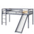 Gray Twin Low Loft Bed with Slide, Ladder, and Guardrails