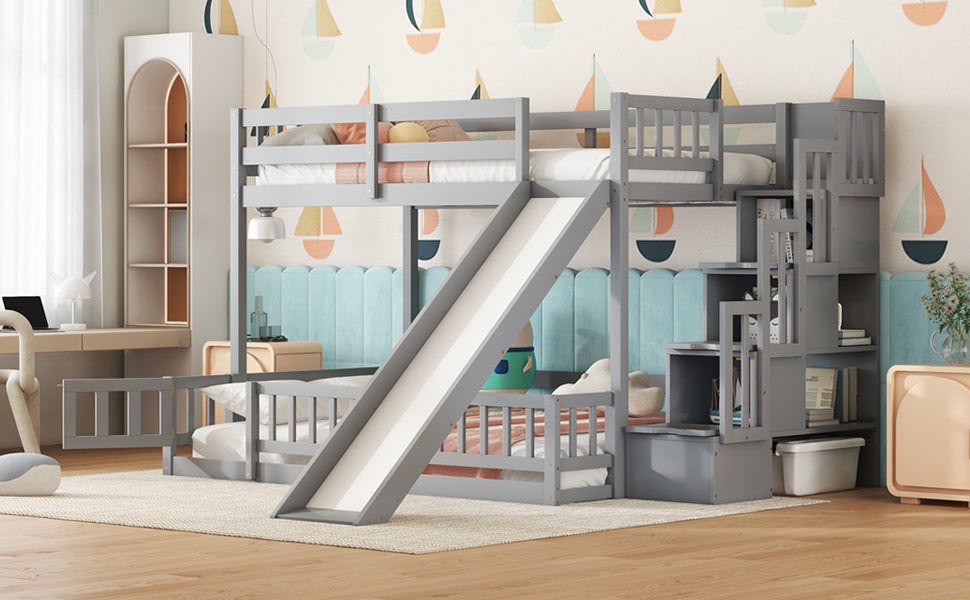 Twin Over Full Bunk Bed with Slide and Storage Staircase