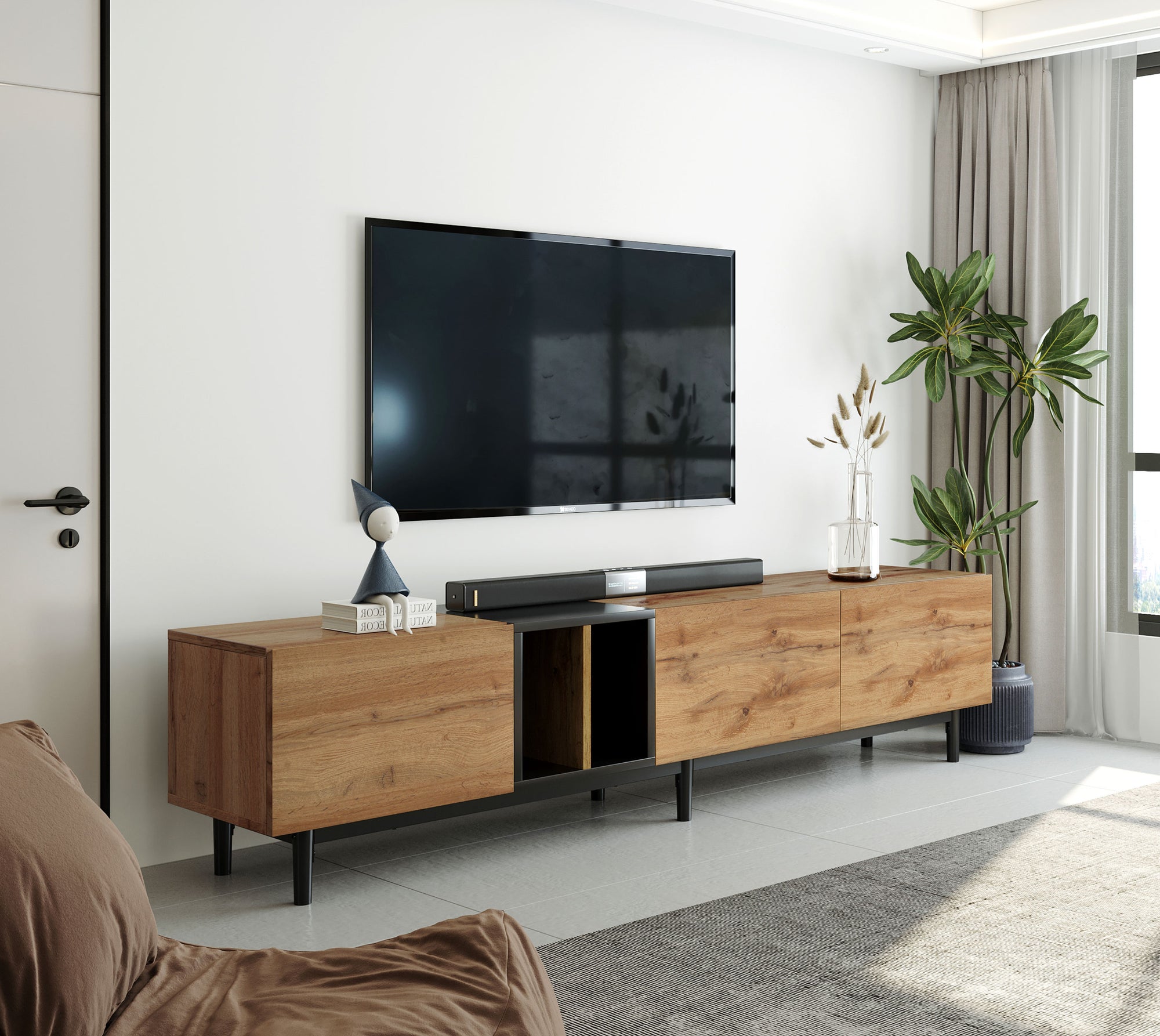 Modern TV Stand for 80 Inch TV with 3 Doors Media Console Table Large Storage Cabinet in Natural Wood