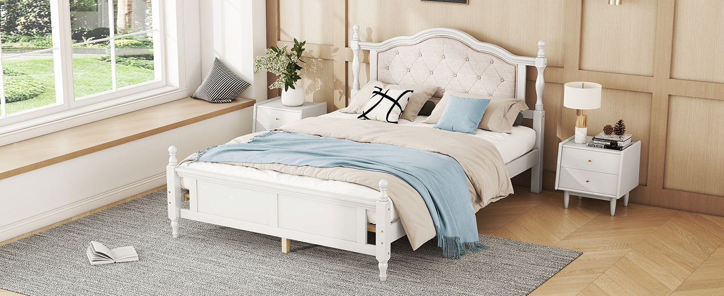 Queen Pine Wooden Bed with Upholstered Headboard and Panel Footboard In White