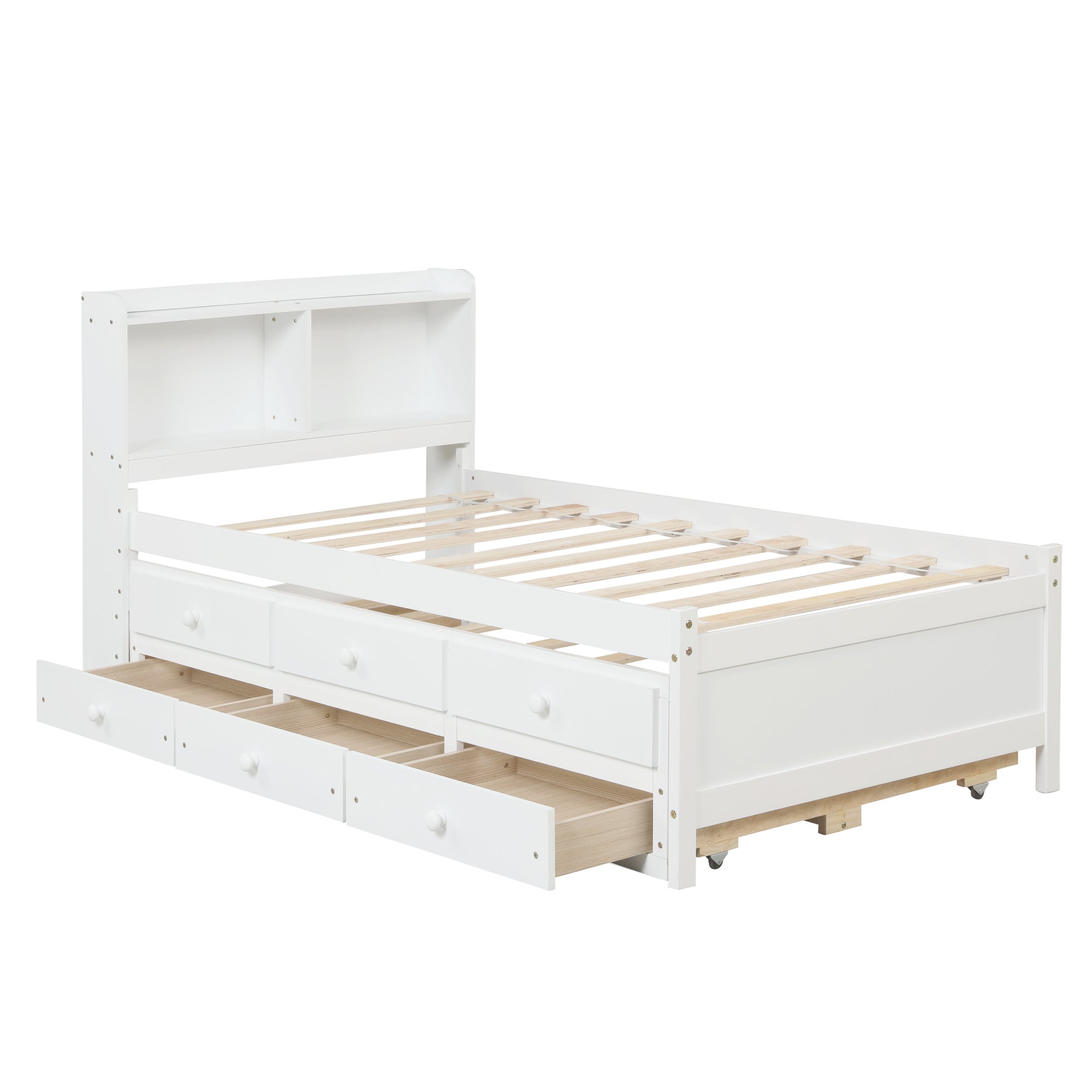 White Twin Bed with Bookcase, Trundle, and Drawers