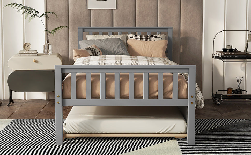 Gray Twin Platform Bed with Trundle, Headboard and Footboard