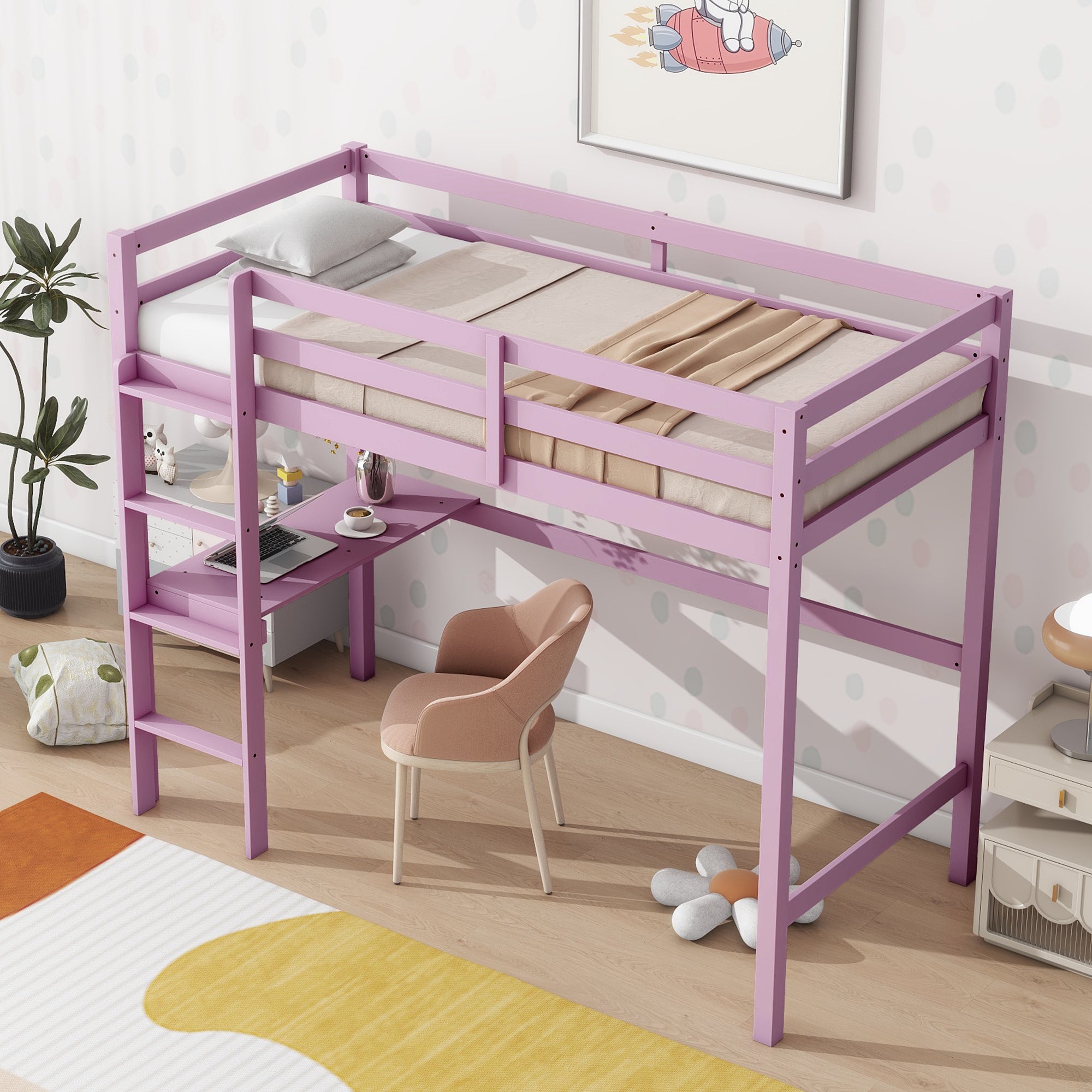 Pink Twin High Loft Bed with Built-in Desk, Rubber Wood Frame, and Safety Guardrail