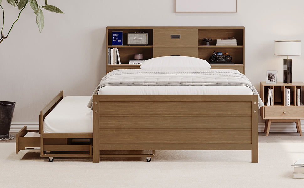 Walnut Twin Platform Bed with Trundle, Drawers & Storage Headboard