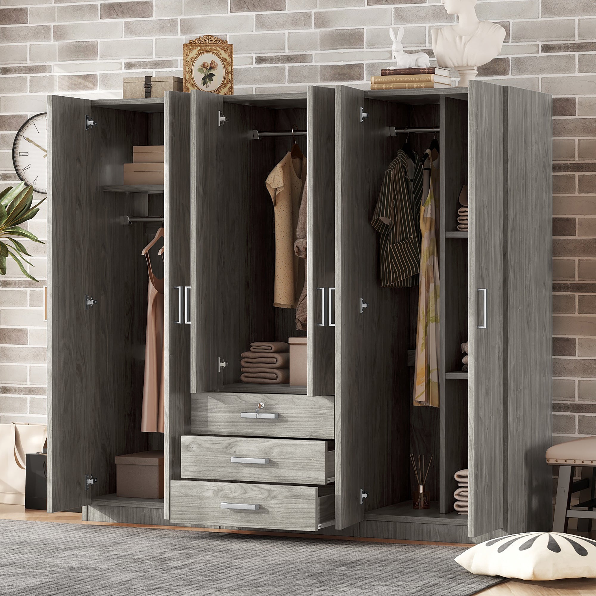 6-Doors Wooden Wardrobe Storage for Bedroom with Big Drawers In Gray