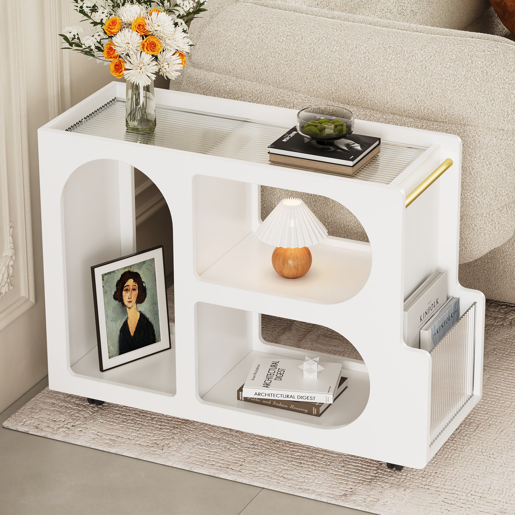 Mobile End Table with Lockable Wheels and Fluted Glass In White