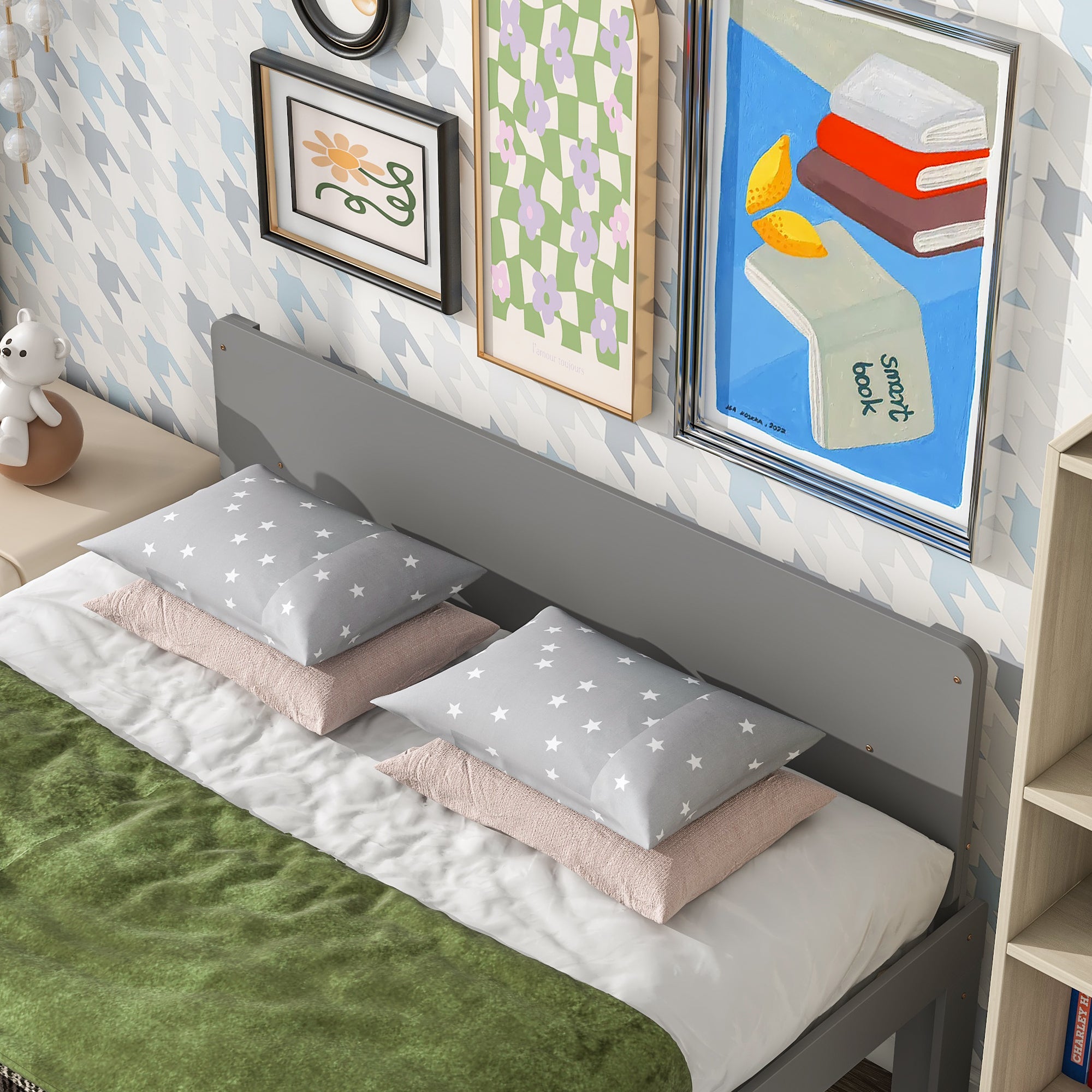 Full Bed with Built-In Footboard Bench in Gray