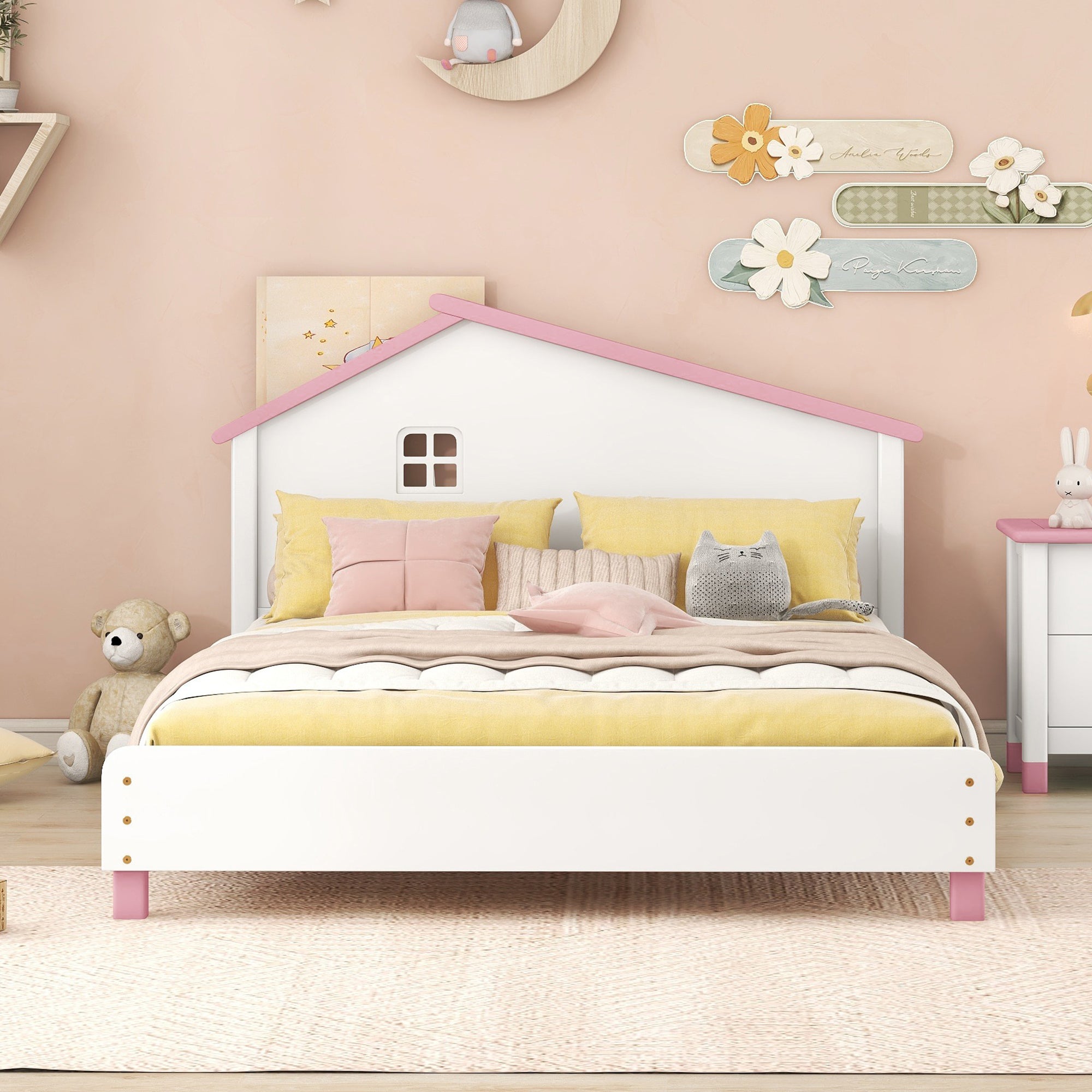 Full Size Wood Platform Bed with House-shaped Headboard In White Pink