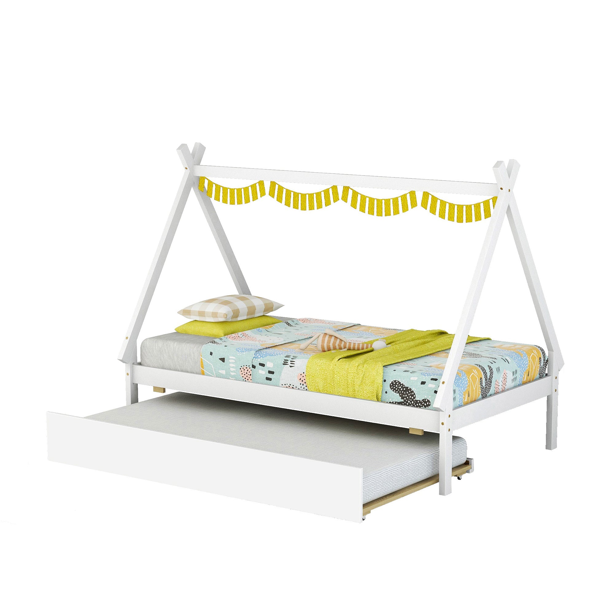 White Twin Tent-Shaped Teepee Bed with Trundle