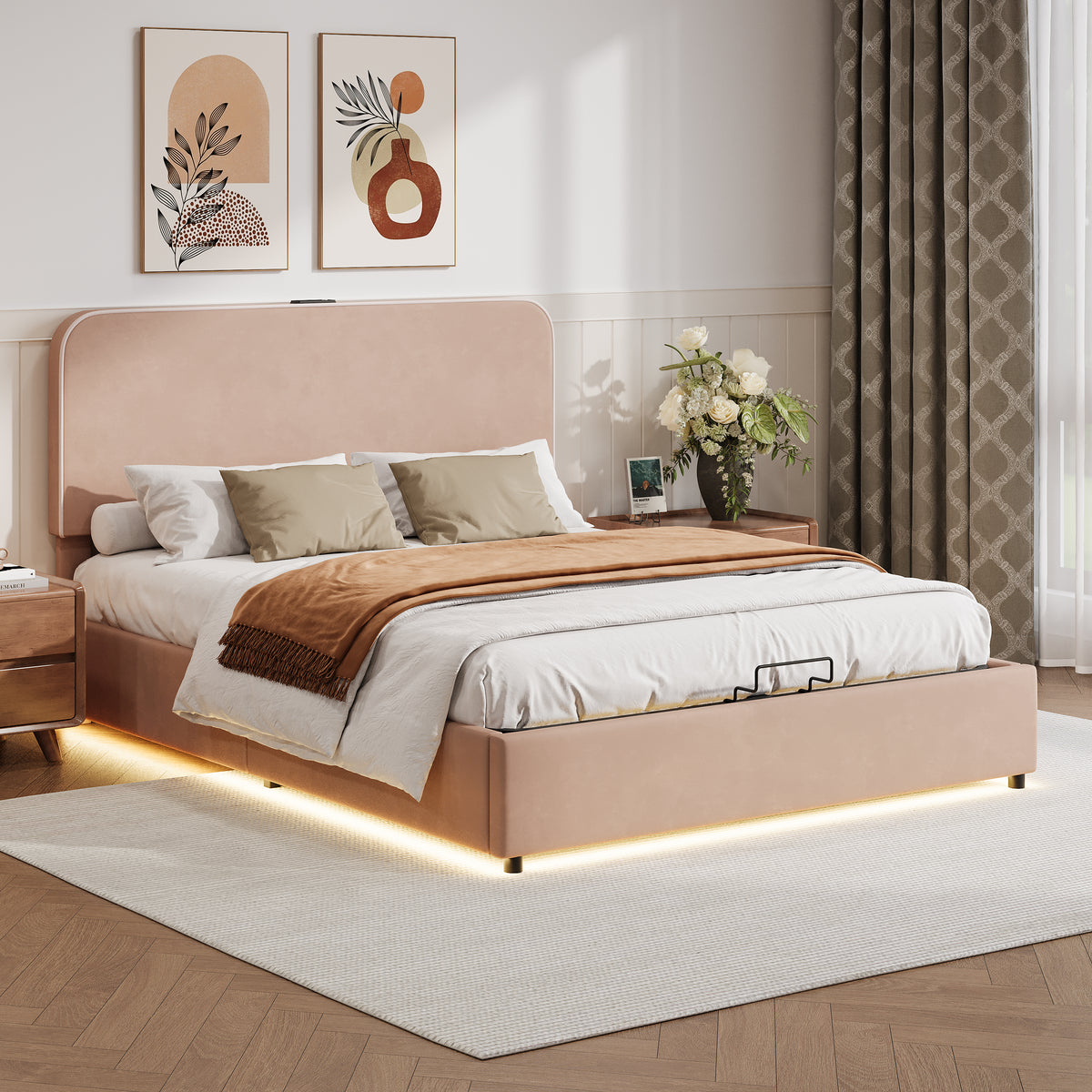 Queen Hydraulic Storage Bed with LED Lighting, Built-in Bluetooth Speaker &amp; USB Charging in  Pink Velvet