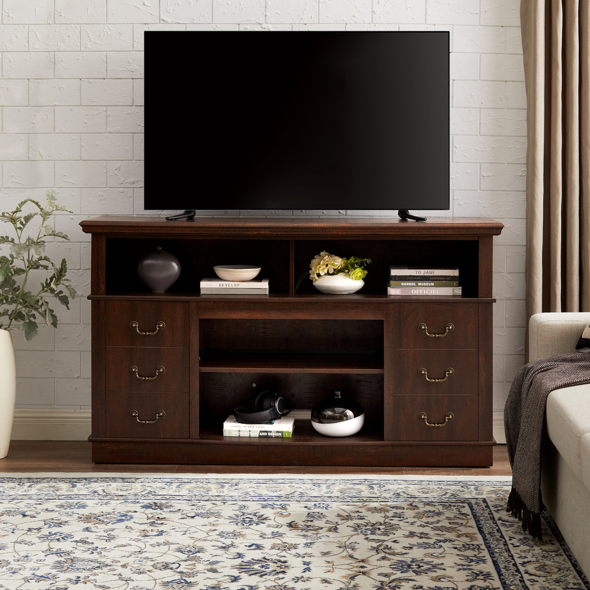 Traditional TV Media Stand Rustic Entertainment Console for TV Up to 65 Inches with Open and Closed Storage In Espresso