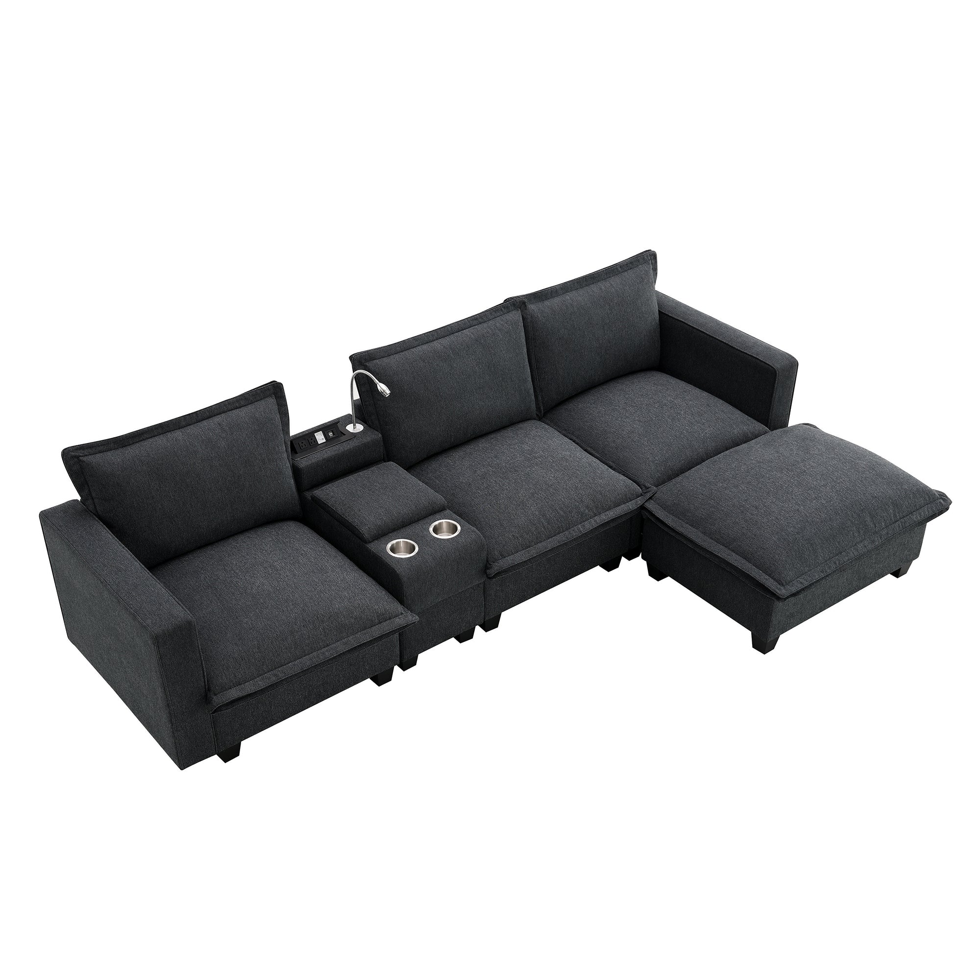 4-Seater Modular Chenille Sofa with Reading Lights & Storage in Dark Gray