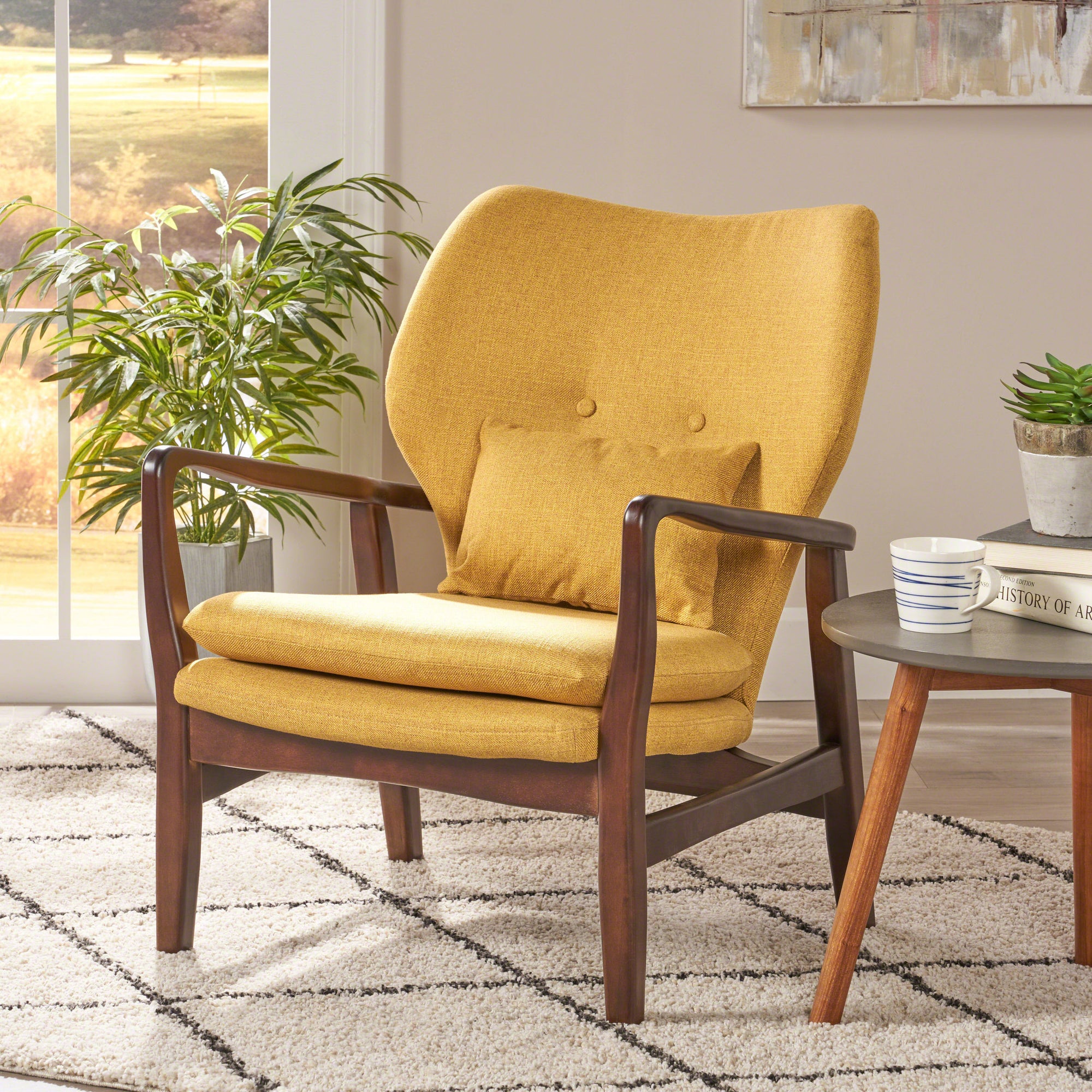 Stylish Club Chair Upholstered In Soft Mustard Fabric