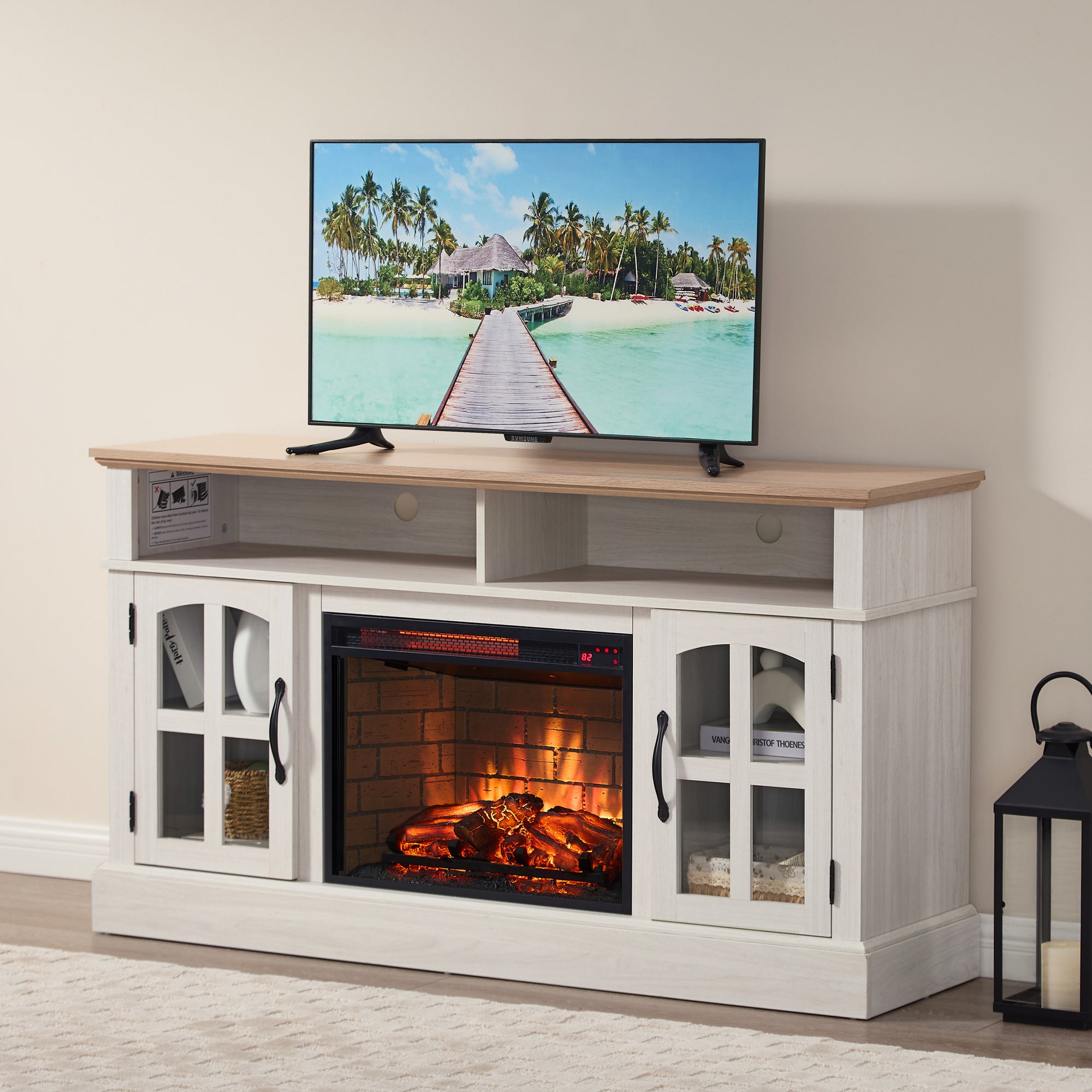 58 Inch Fireplace TV Stand with 23 Inch Electric Fireplace Media Console for TVs up to 70 Inch with Storage and Glass Doors In Jasmine White