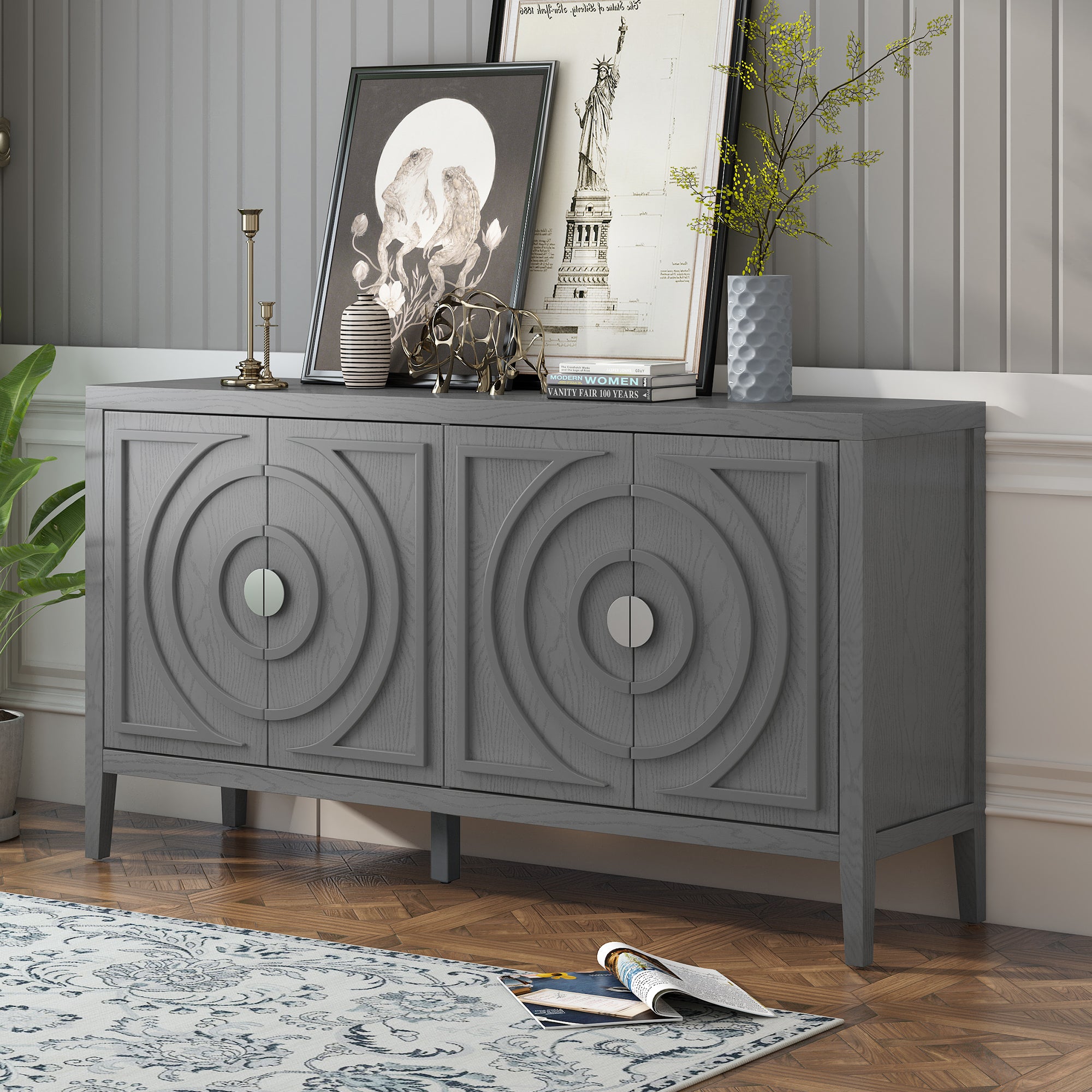 Retro Sideboard with Circular Groove Design and Round Metal Handle for Dining Room and Living Room In Gray