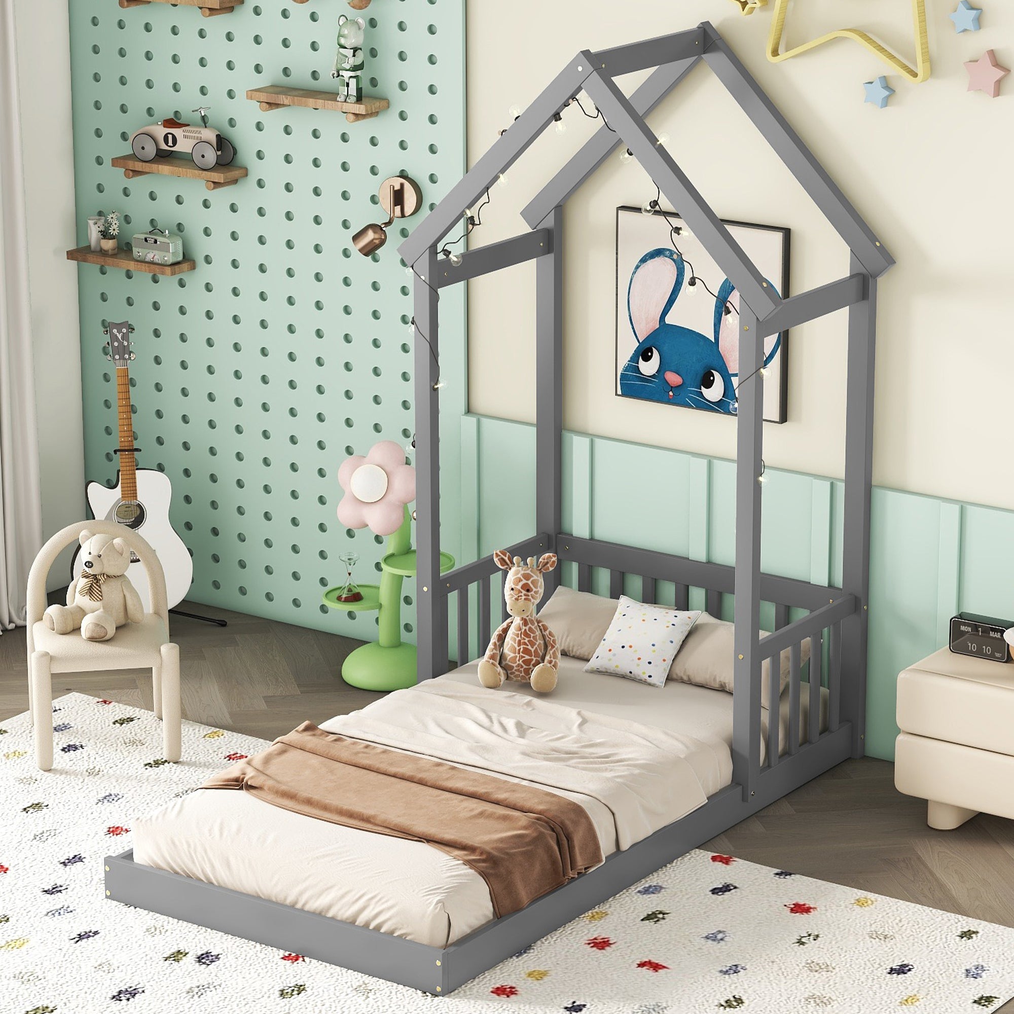 Gray Twin House-Shaped Roof Headboard Toddler Floor Bed