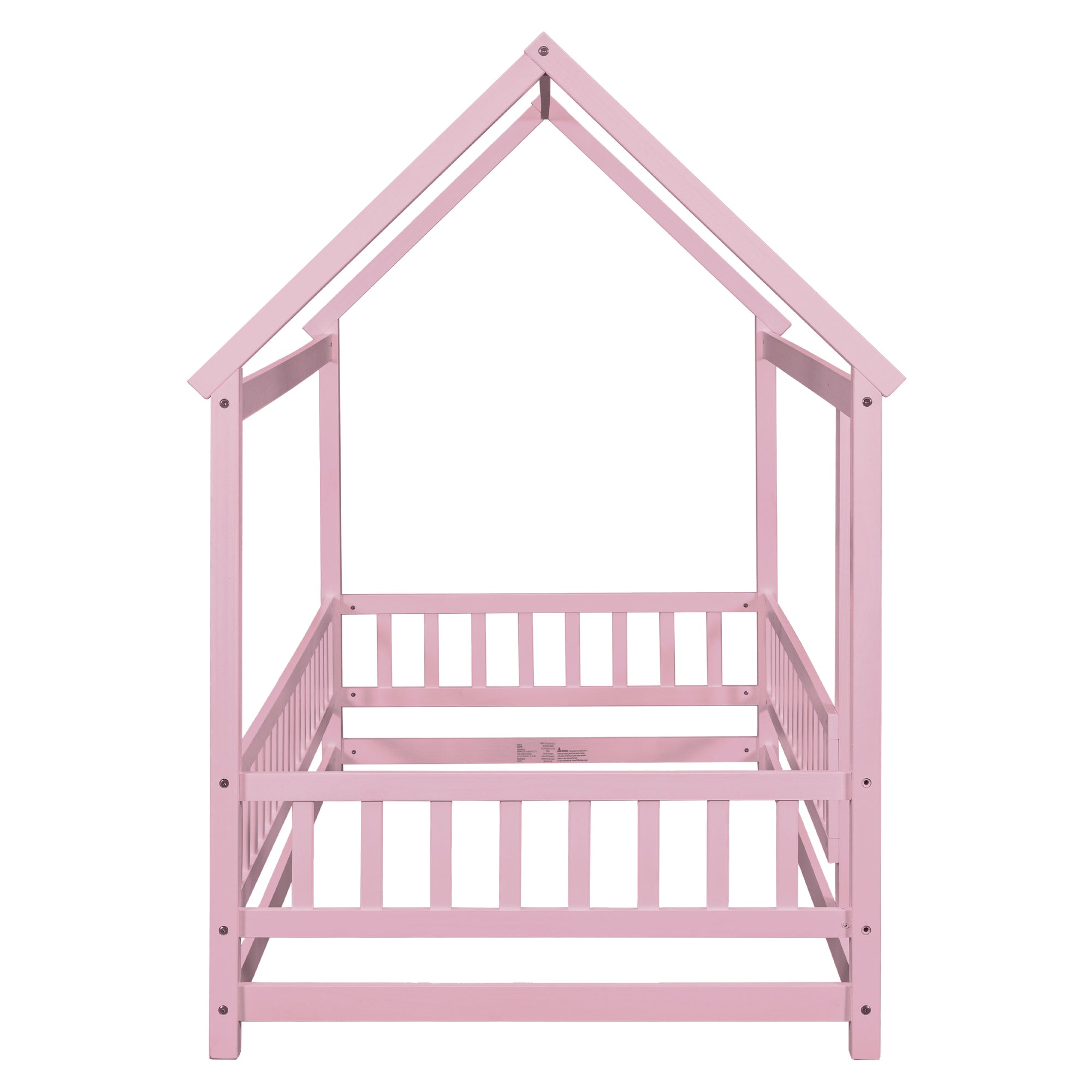 Pink Twin Size Toddler Floor Wooden Bed with House Roof Frame and Fence Guardrails