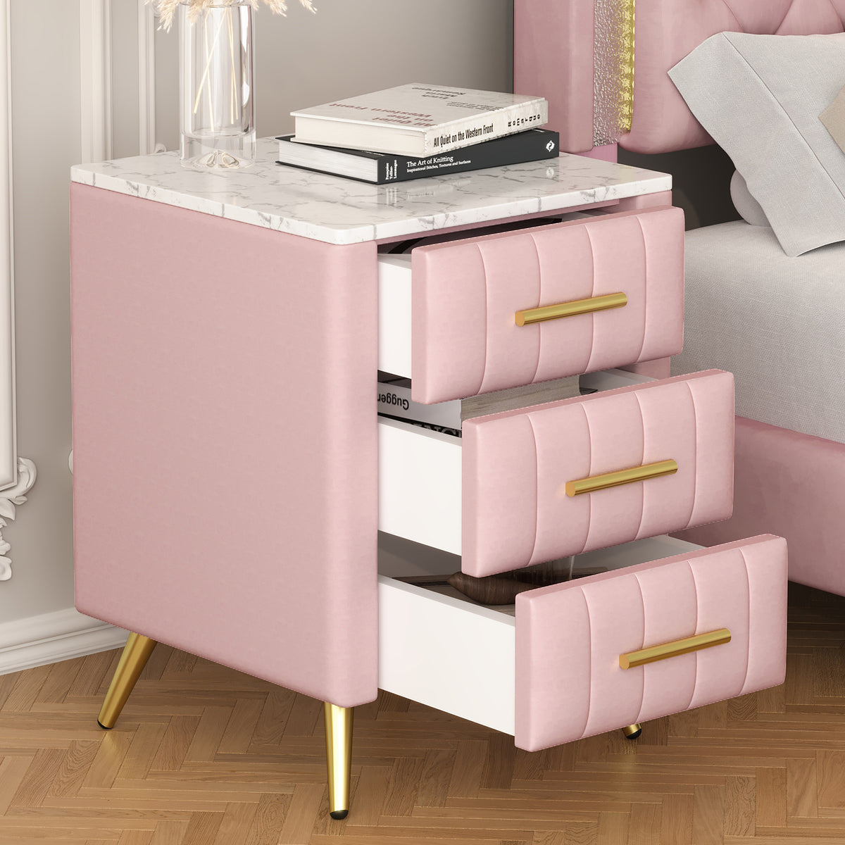 Upholstered Wooden Nightstand with 3 Drawers and Metal Legs and Handles Bedside Table with Marbling Stickers Worktop In Pink