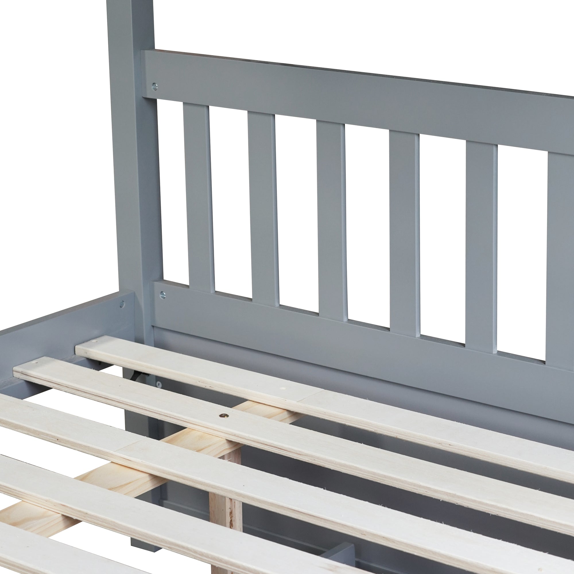 Gray Full Over Full Rubber Wood Bunk Bed with Trundle, Ladder, and Guardrails