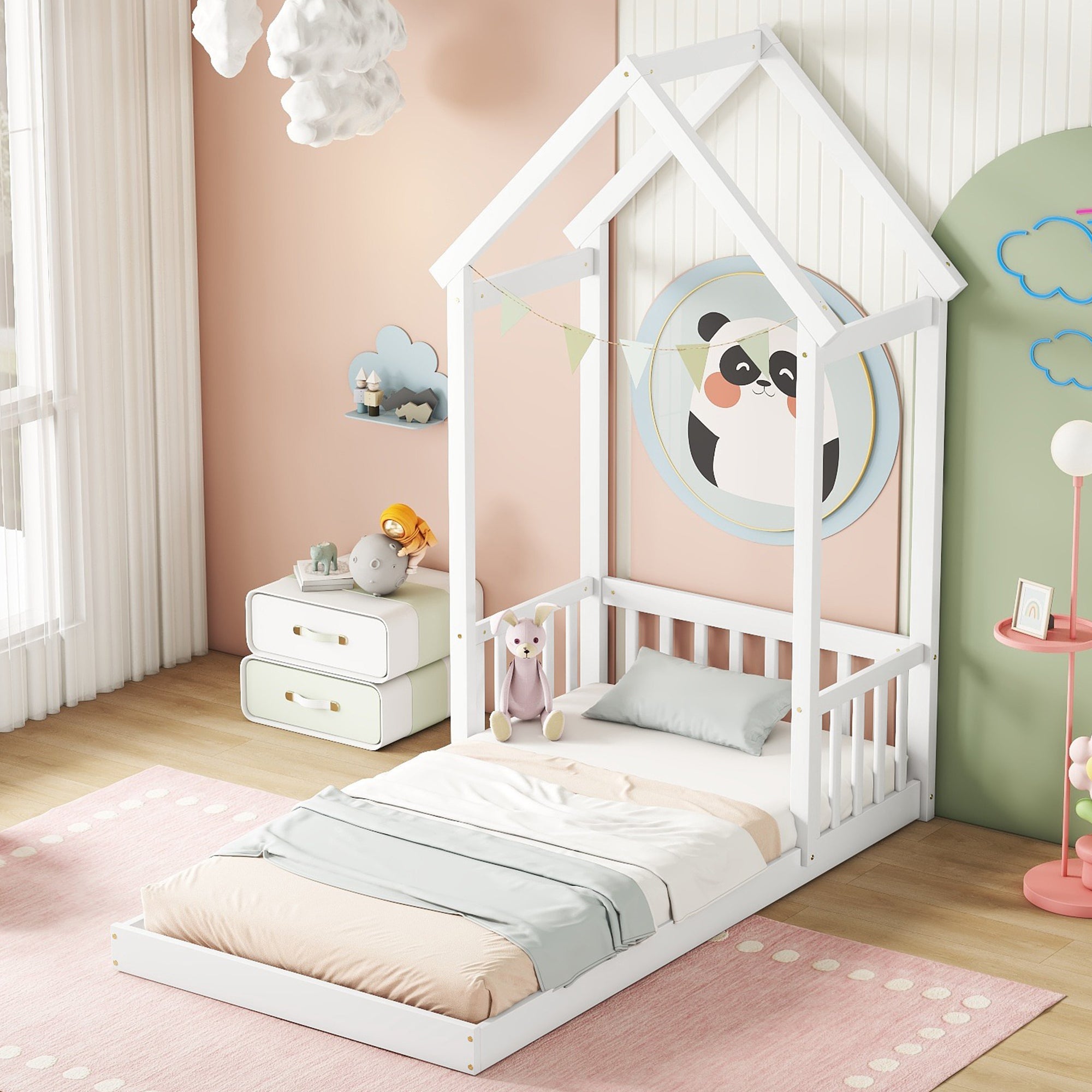 White Twin House-Shaped Roof Headboard Toddler Floor Bed