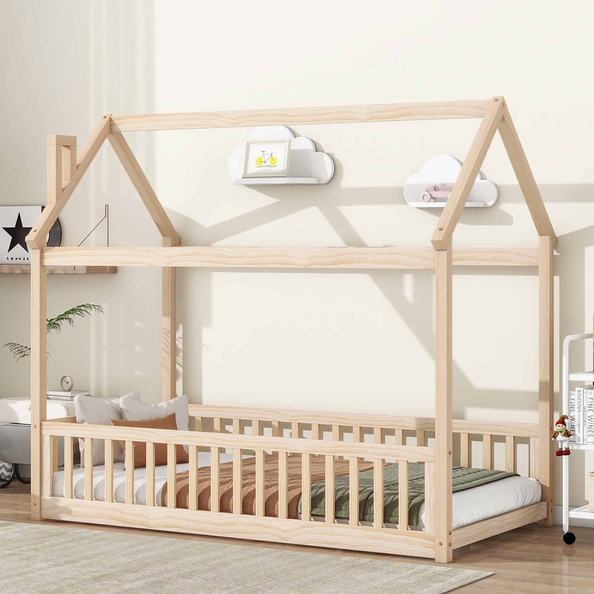 Natural Pine Frame Twin House Bed with Guardrails