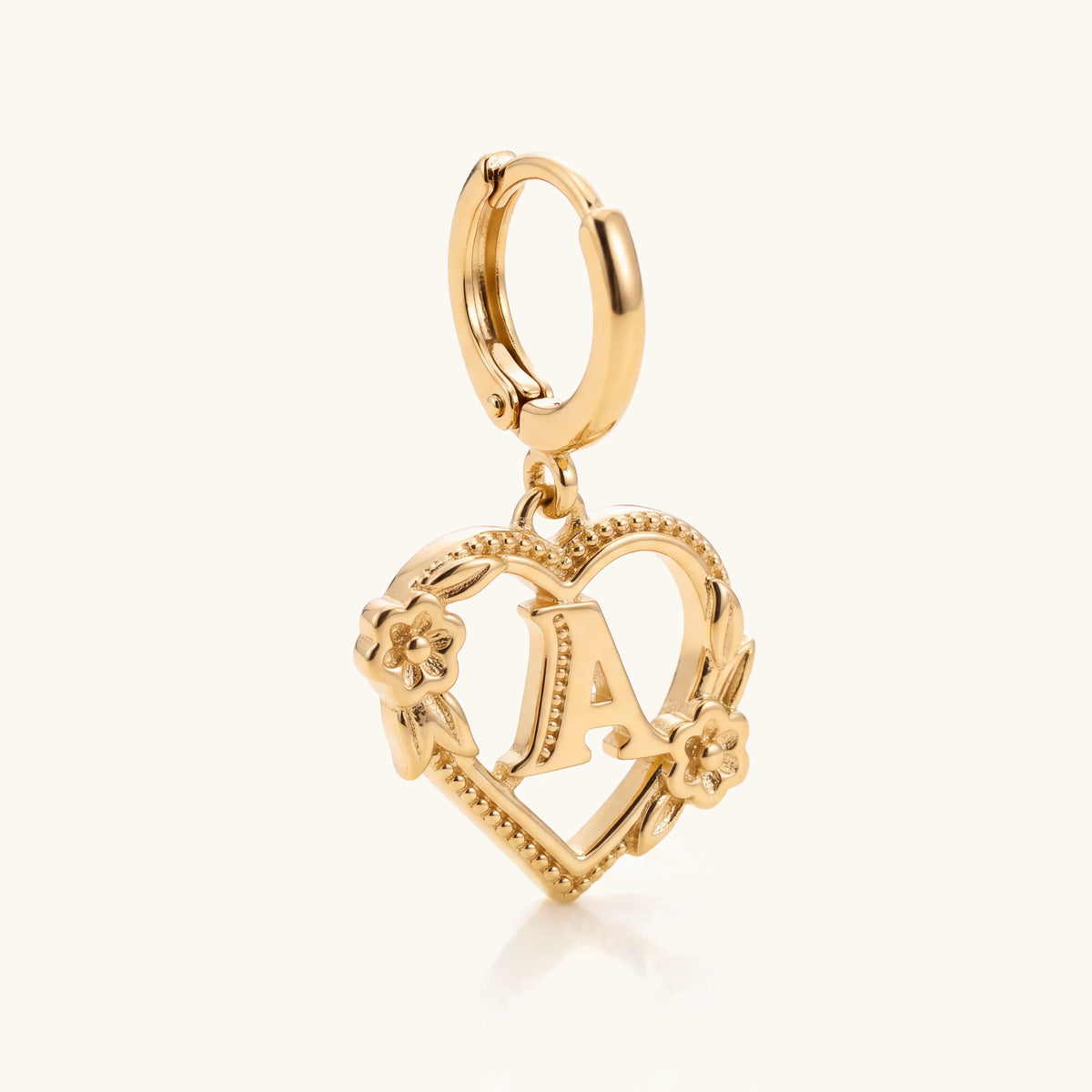 Dainty Initial Letter Heart Hoop Earrings – side view of a single floral heart initial earring