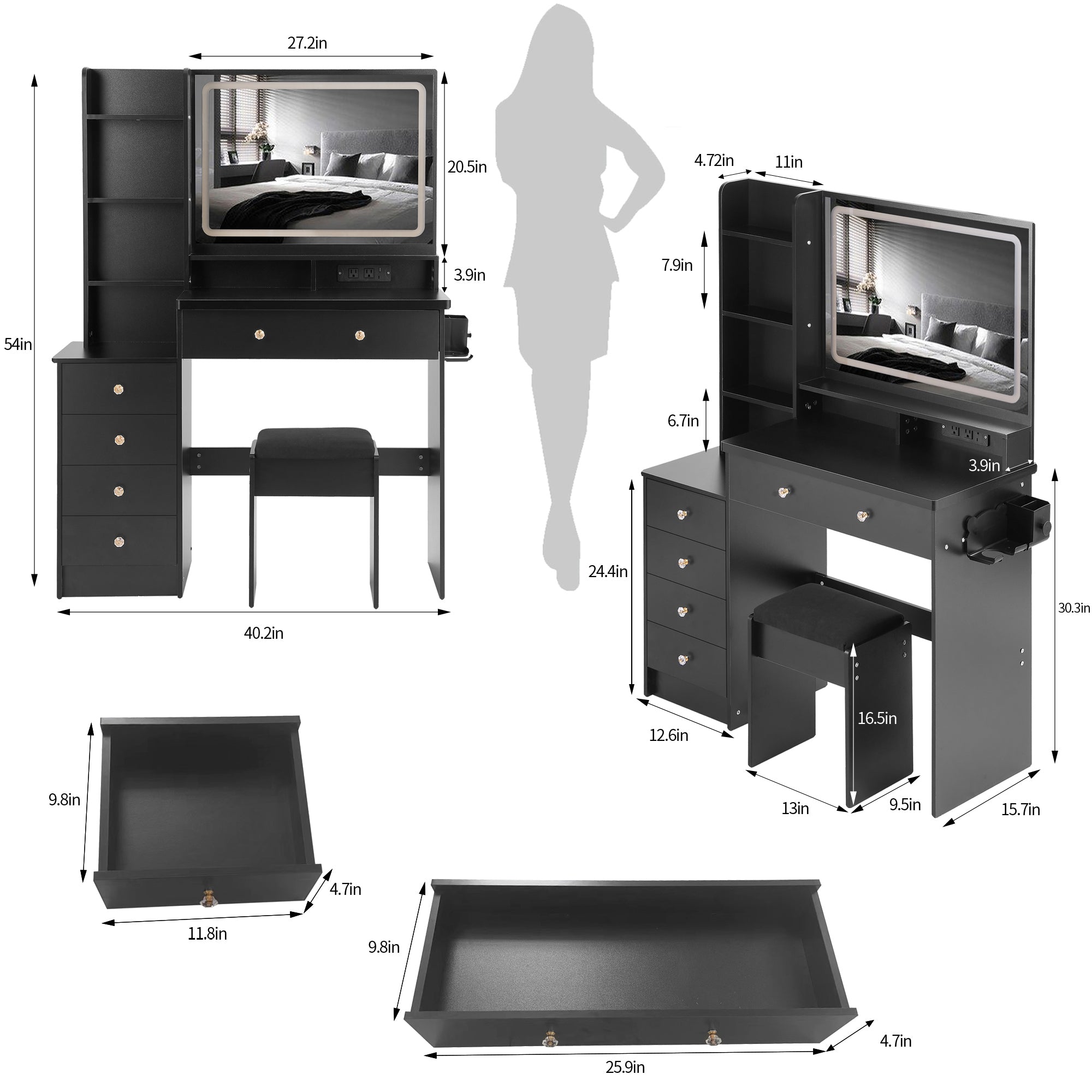 41 Inch Large Left Vanity Table Set With Cushioned Stool, 2 AC Outlets, 2 USB Ports, Extra Large Touch Control LED Mirror In Black